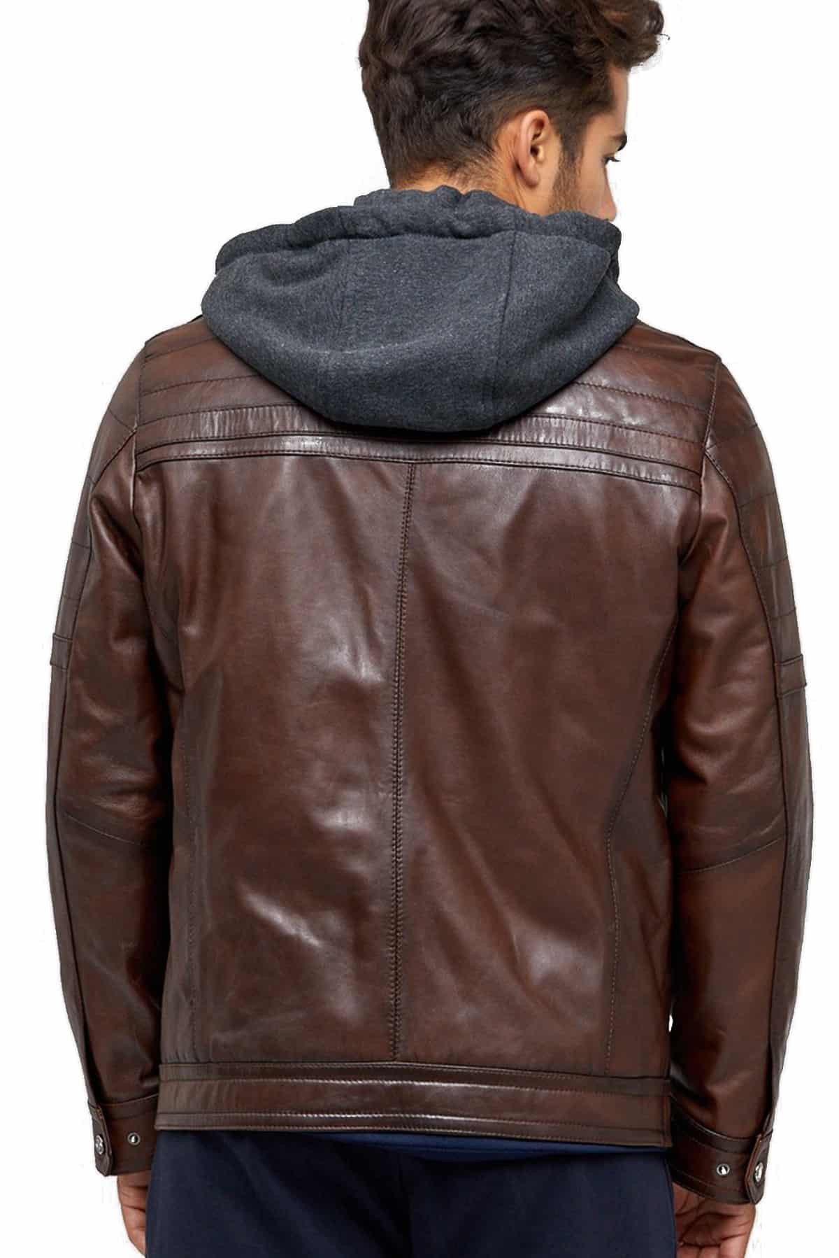 Ronny Men's 100 % Real Brown Leather Hooded Vintage Jacket