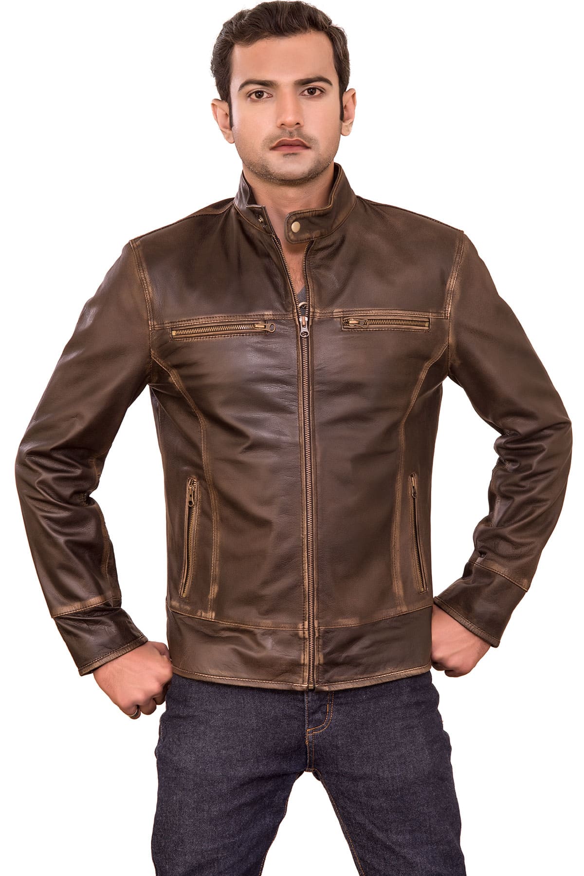 Men's 100% Real Brown Leather Classic Distressed Triple Stitched Jacket