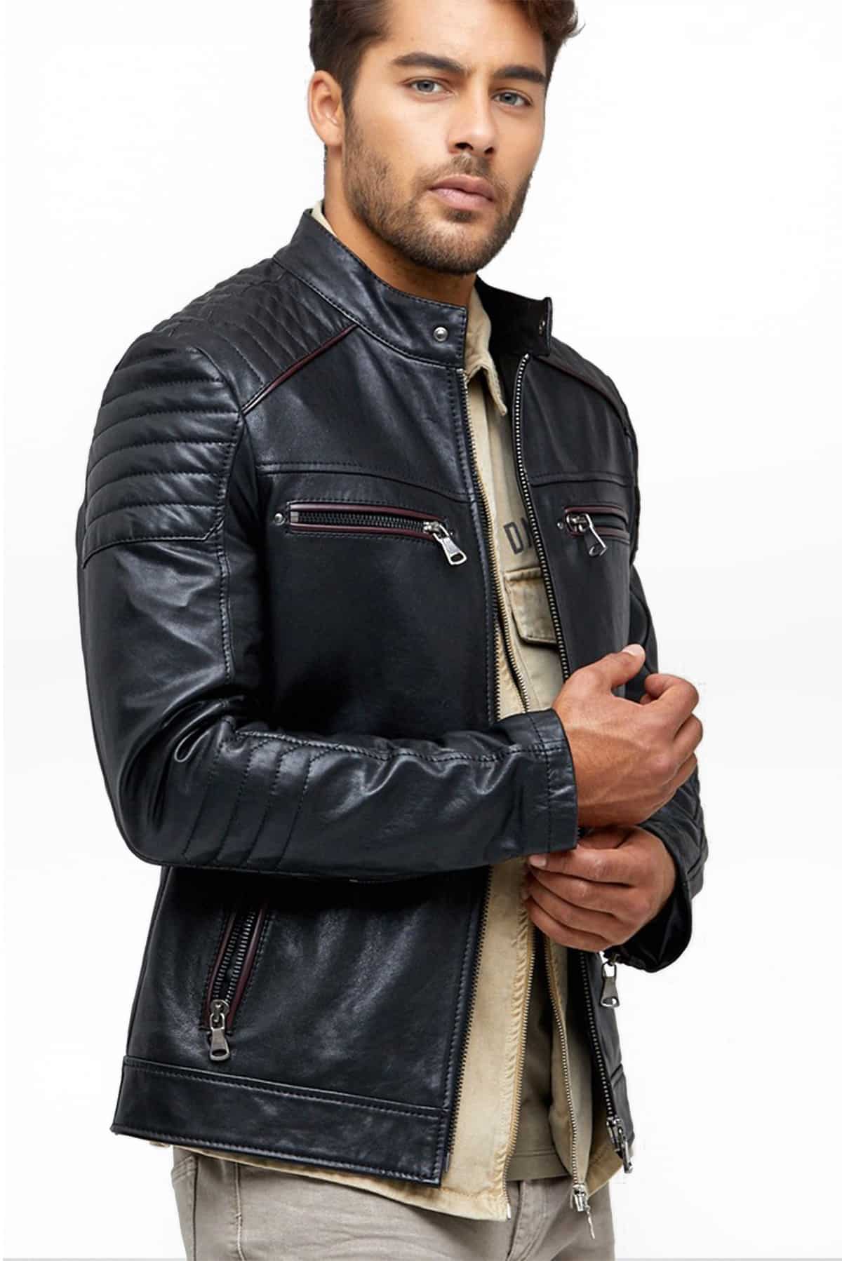 Aaron Men's 100 % Real Black Leather Slimfit Jacket