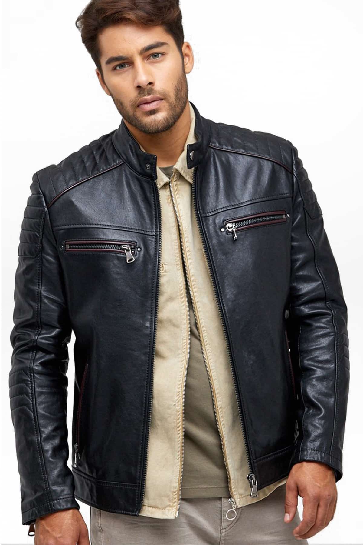 Aaron Men's 100 % Real Black Leather Slimfit Jacket