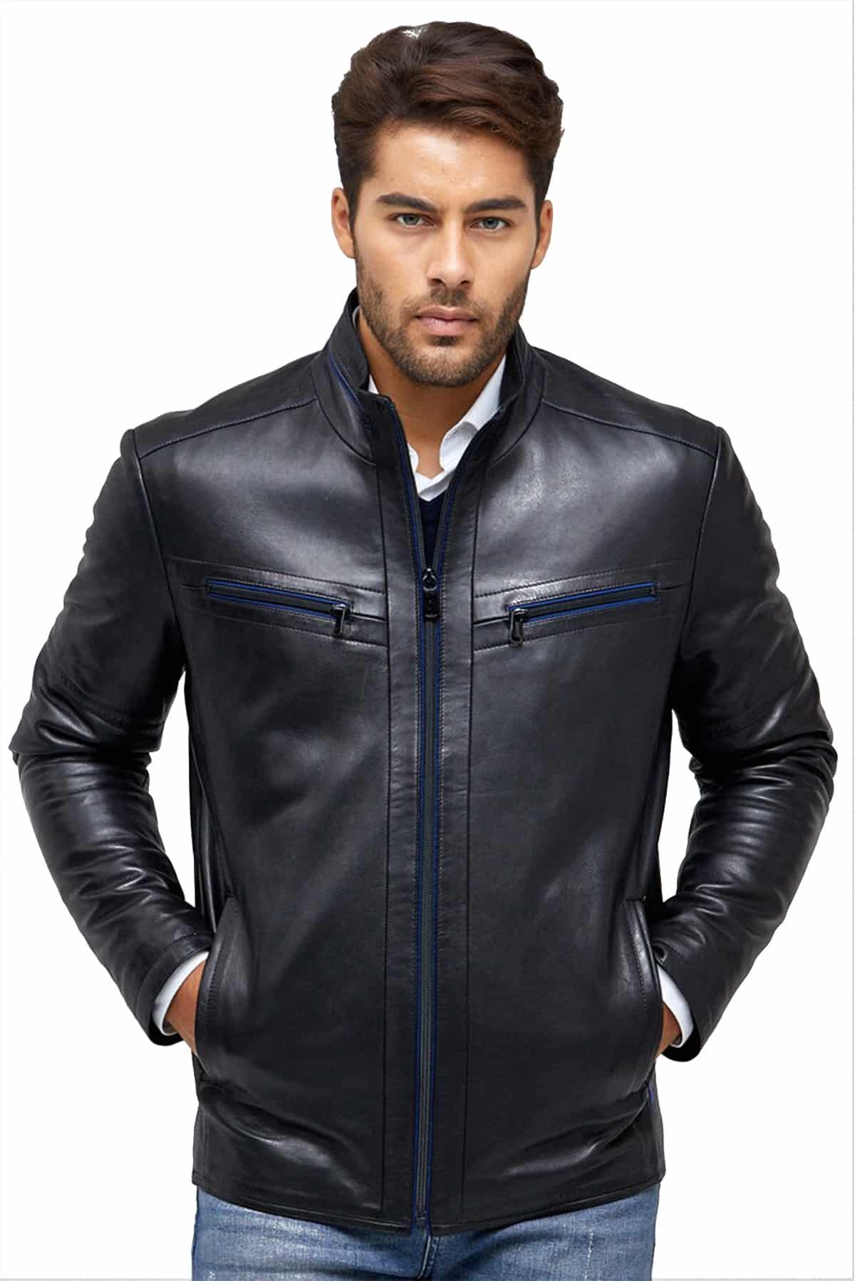 Austin Blue Sheepskin Leather Jacket- Free Shipping USA & CA