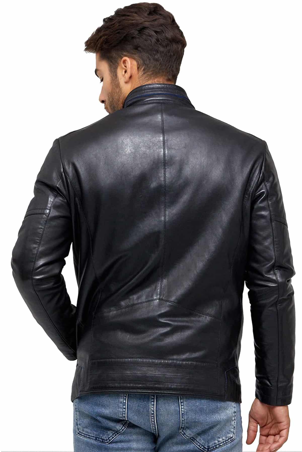 Austin Men's 100 % Real Blue Black Leather Jacket