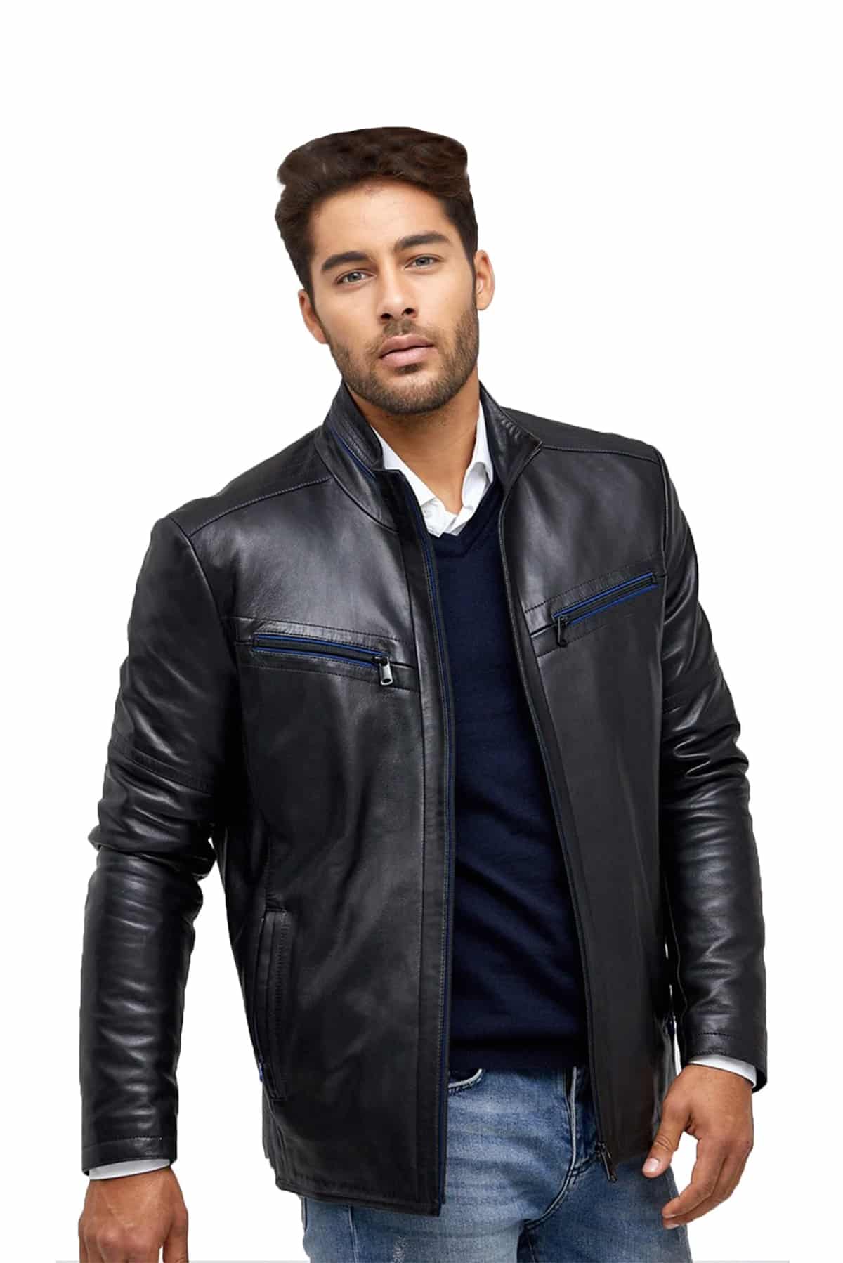 Austin Men's 100 % Real Blue Black Leather Jacket