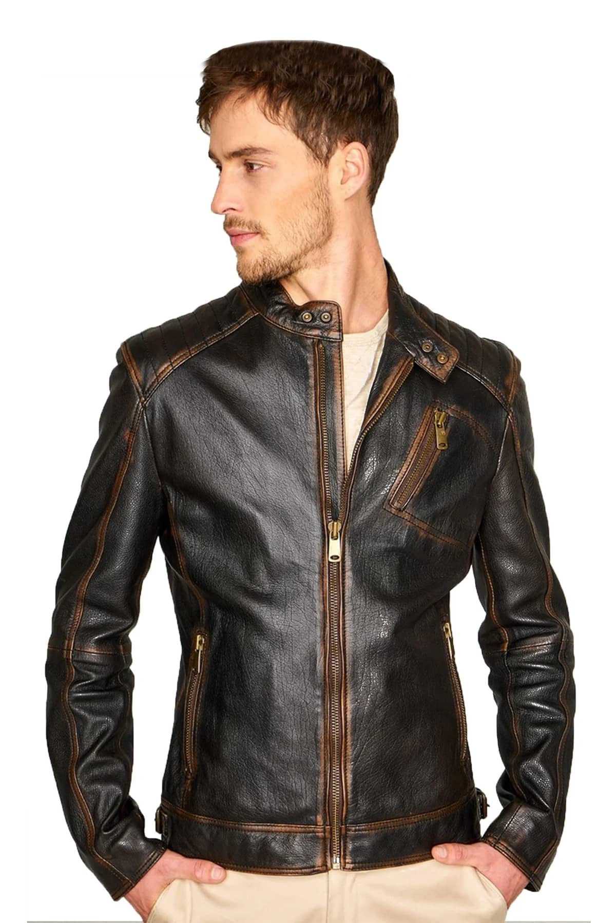 Men's 100% Real Brown Leather Biker Classic Vintage Jacket