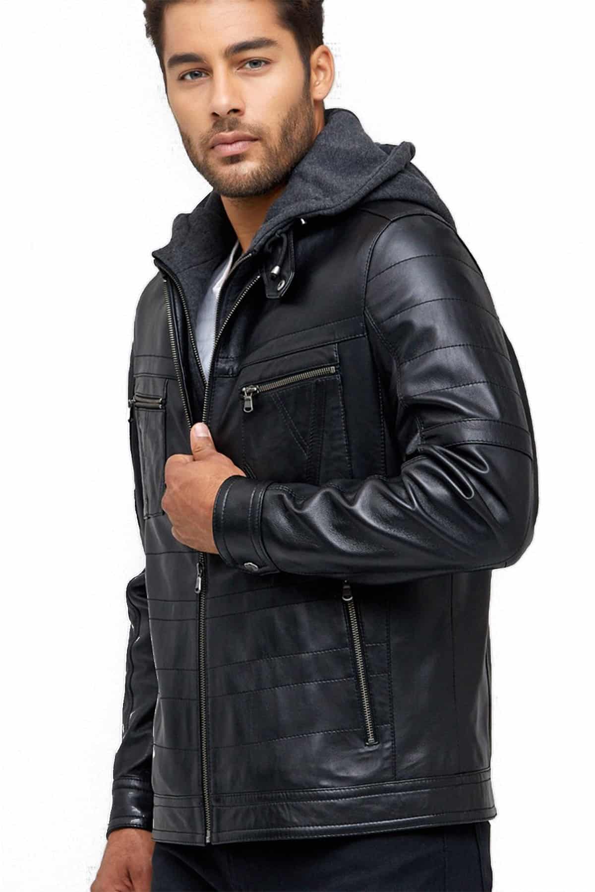 Rhine Men's 100 % Real Black Leather Hooded Classic Jacket