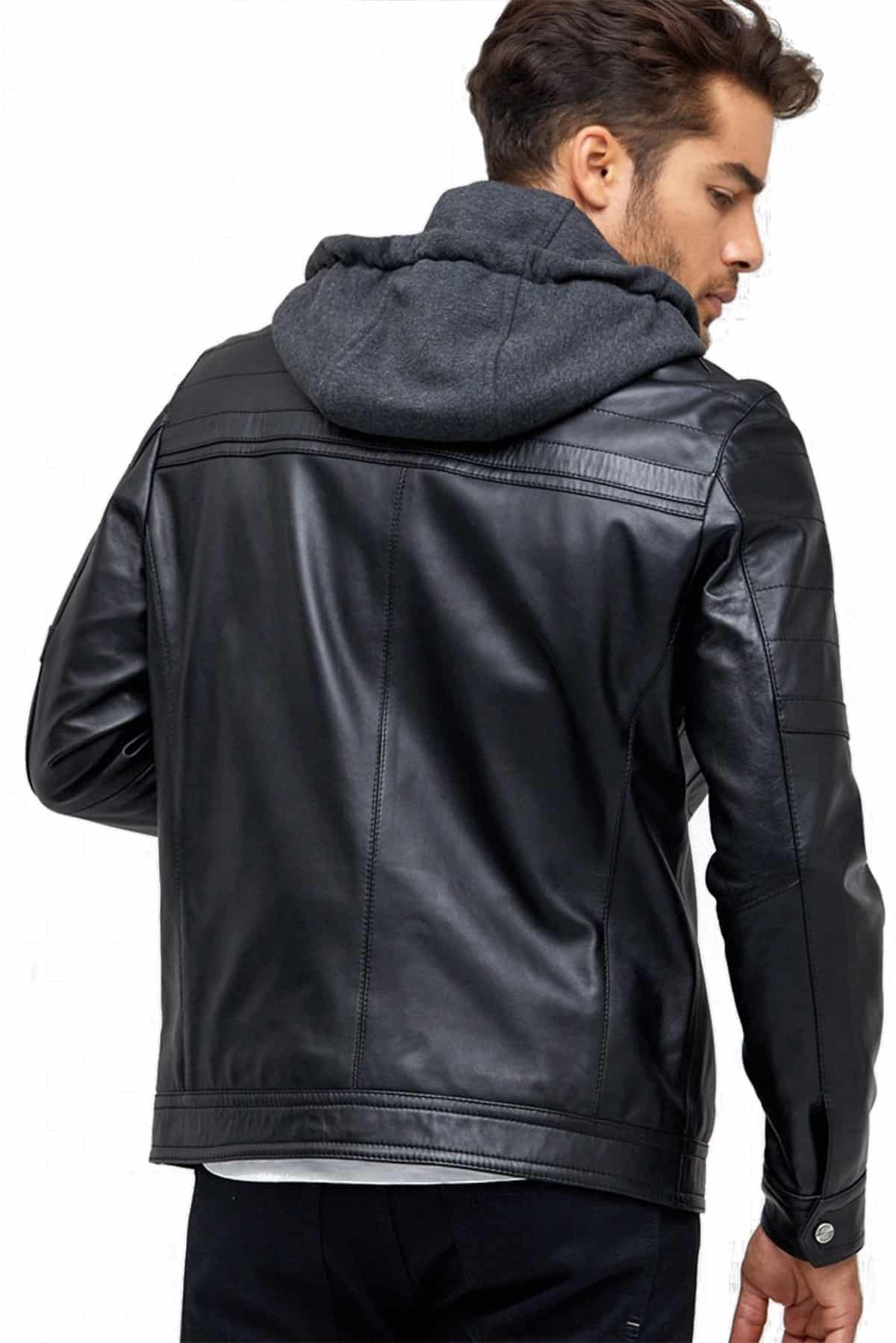 Rhine Men's 100 % Real Black Leather Hooded Classic Jacket