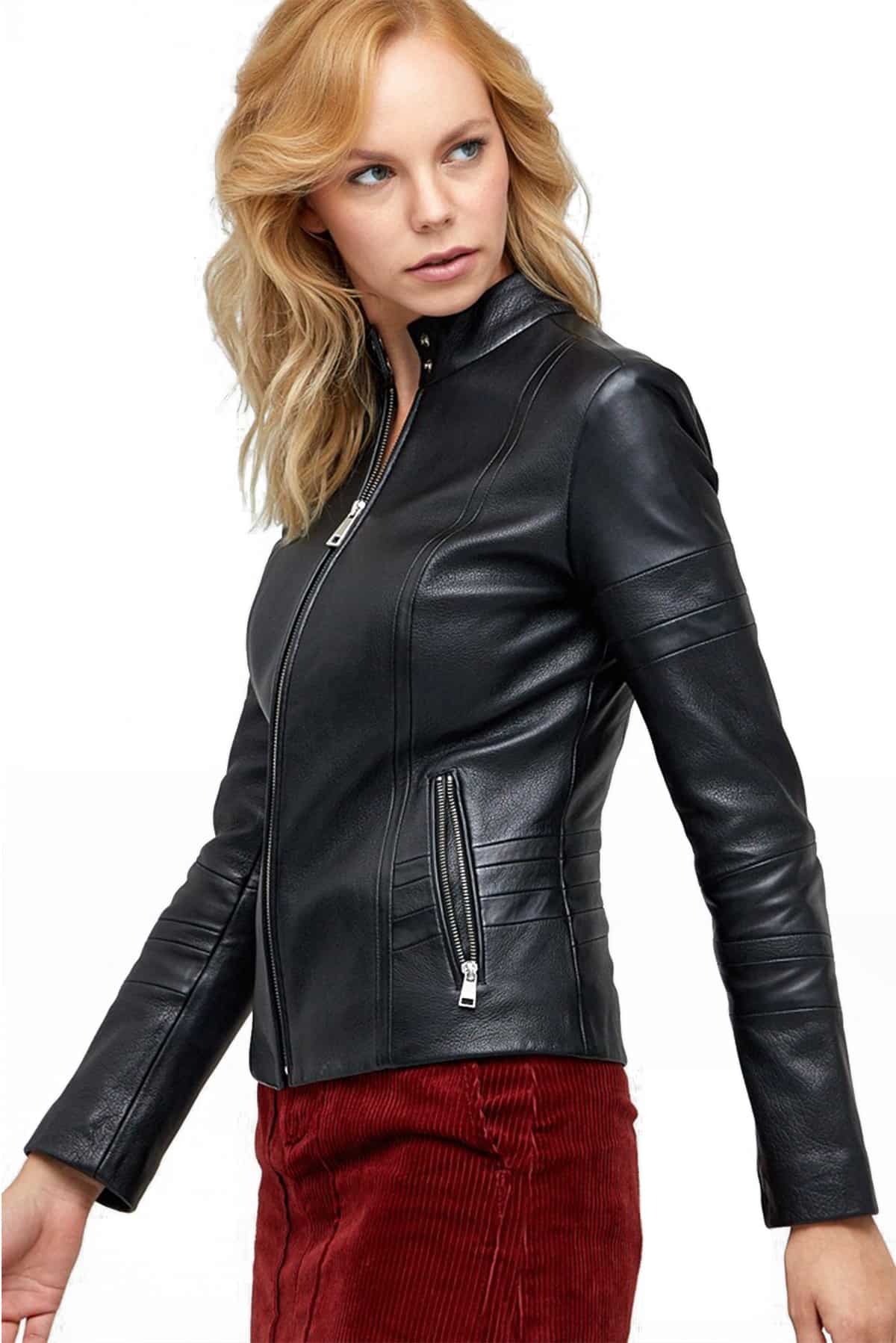 Sella Women's 100 % Real Black Leather Zipper Jacket Jacket