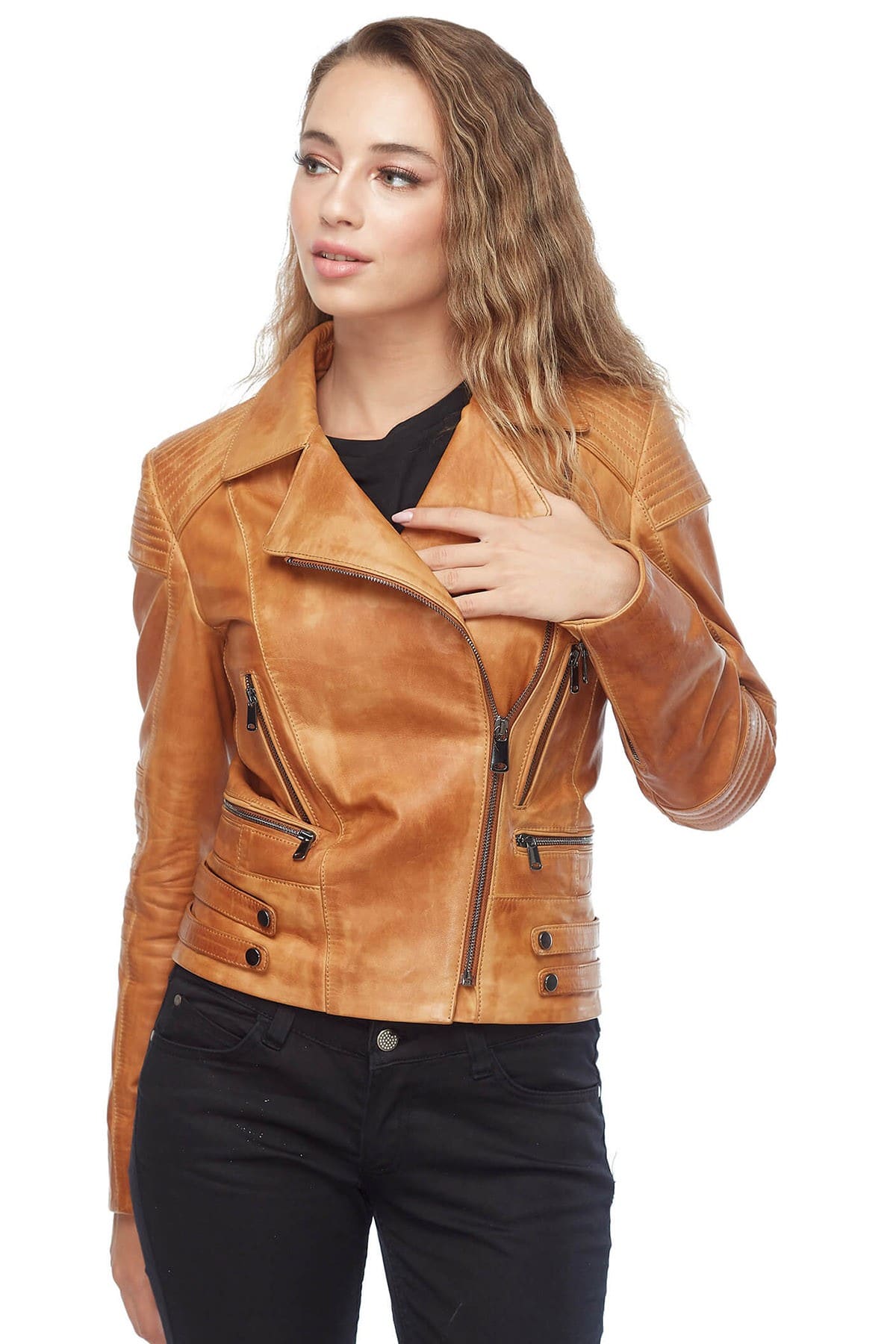 Abigail Biker Leather Jacket Womens Tan Pose