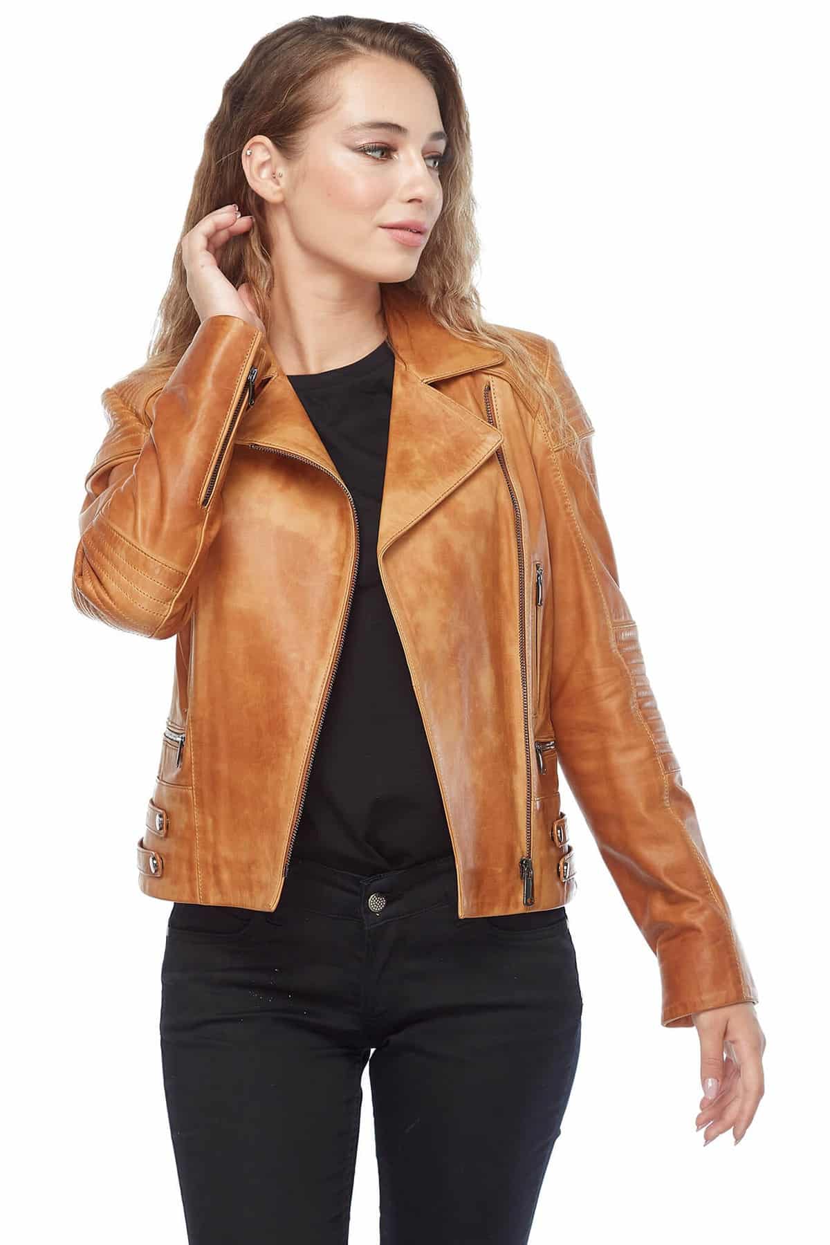 Abigail Biker Leather Jacket Womens Tan2