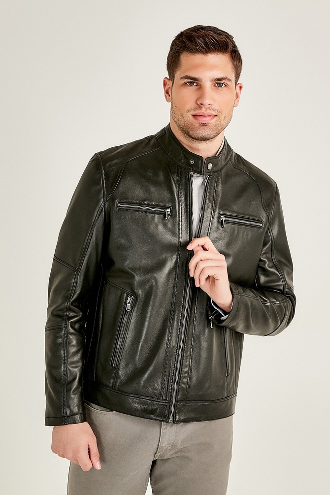 Classic Moto Men's Black Leather Jacket genuine leather jacket