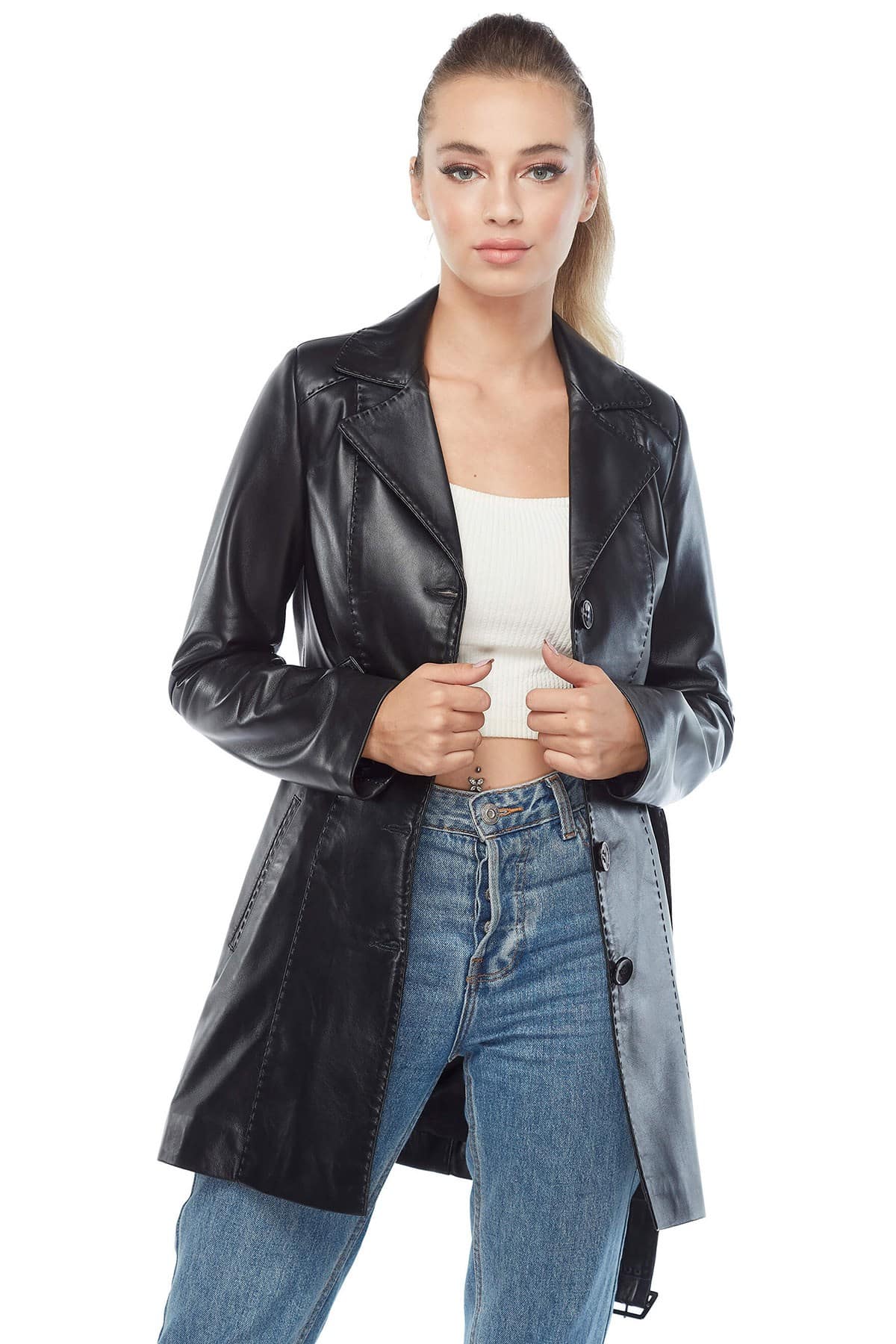 Alexis Real Leather Trench Coat Black2