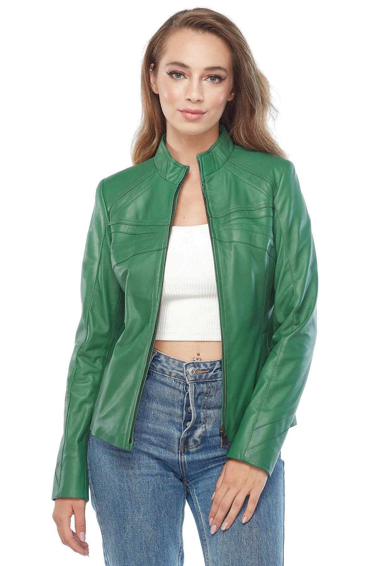 Amanda Griffin Green Leather Jacket Pose
