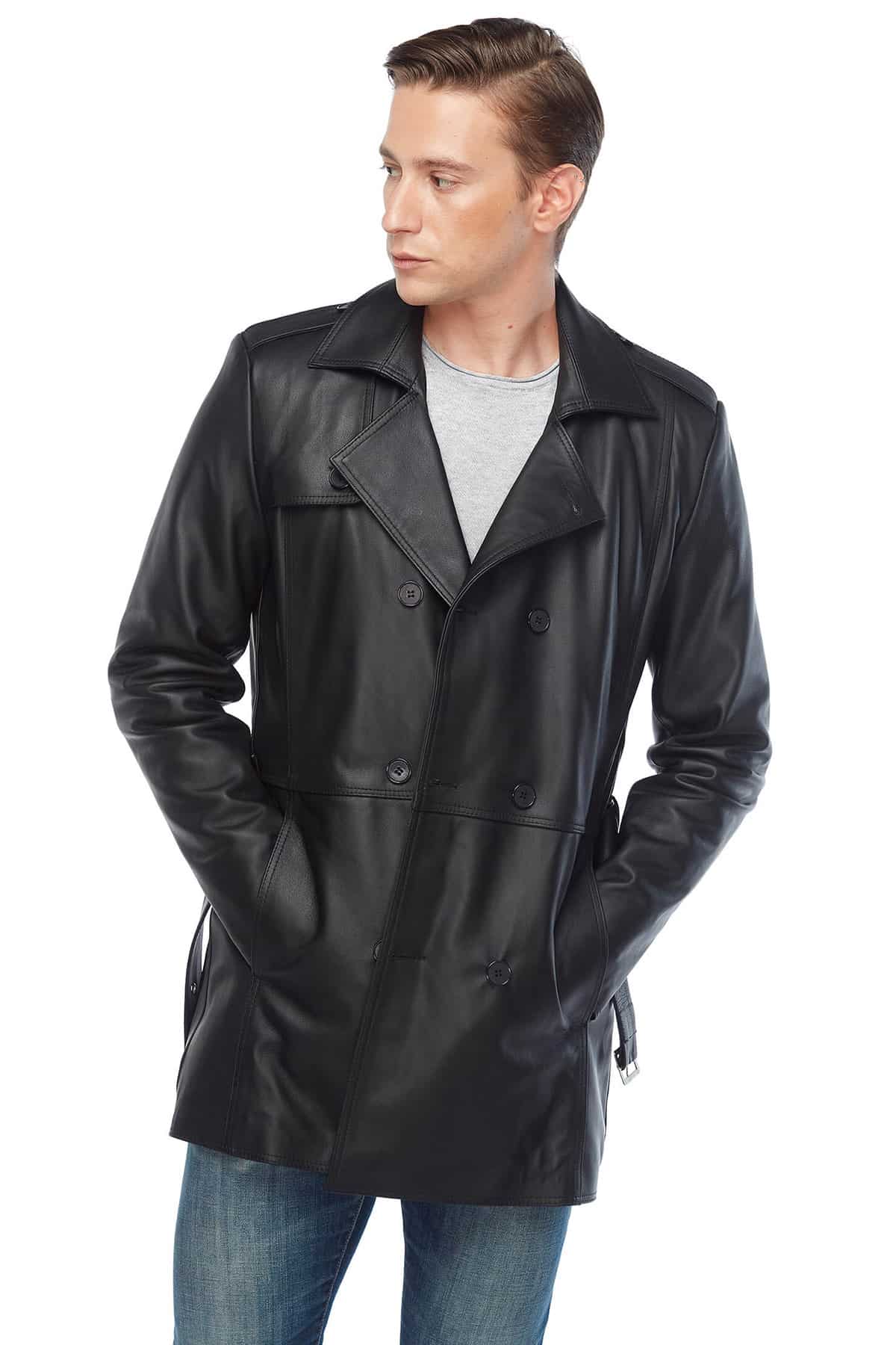 Antonio Banderas Real Leather Black Trench Coat Posing