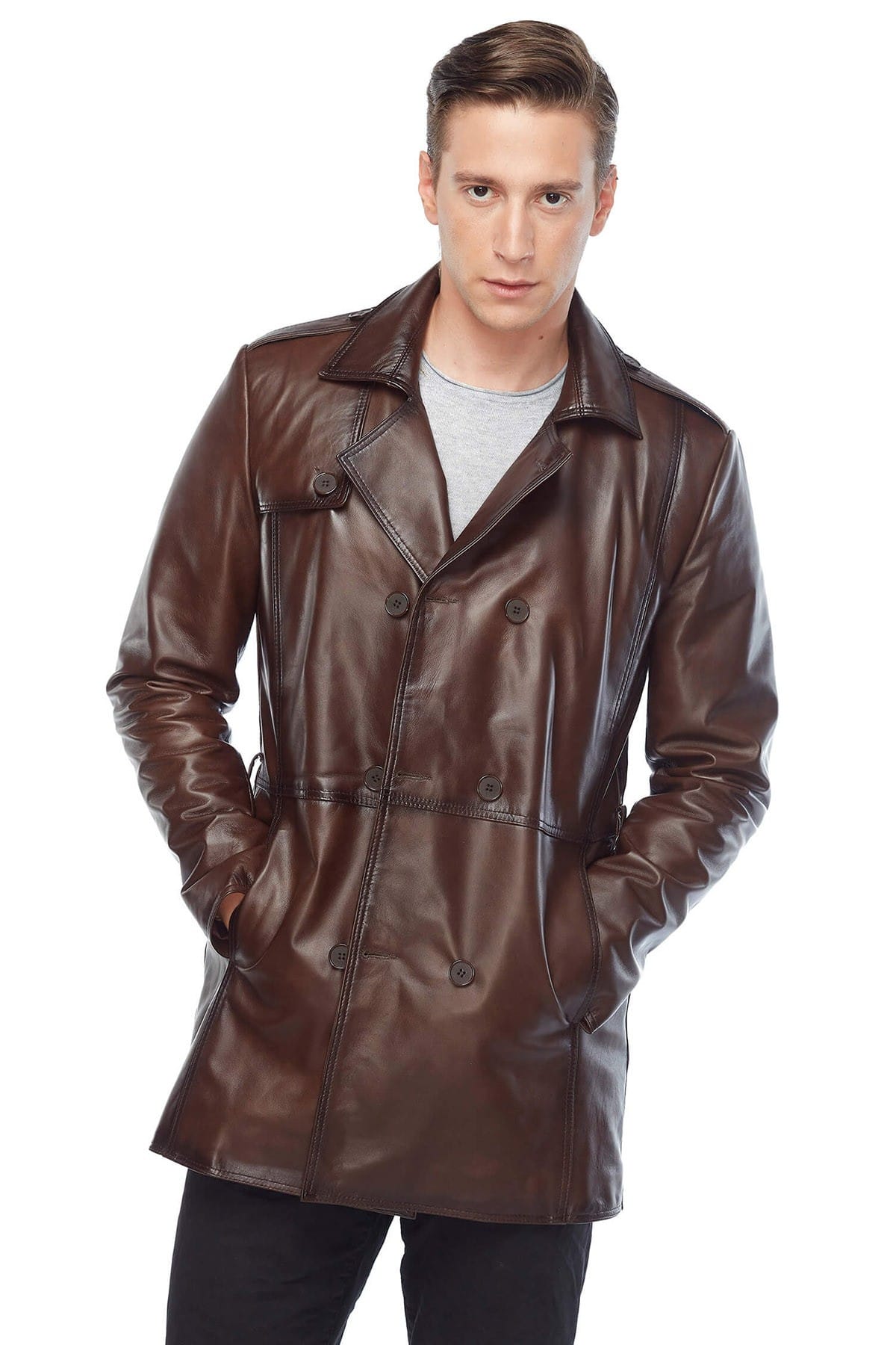 Antonio Banderas Real Leather Brown Trench Coat Pose