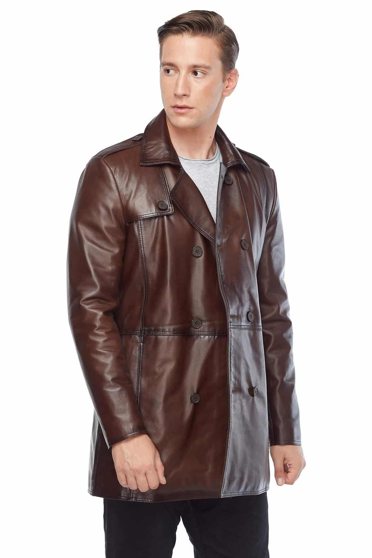 Antonio Banderas Real Leather Brown Trench Coat Side