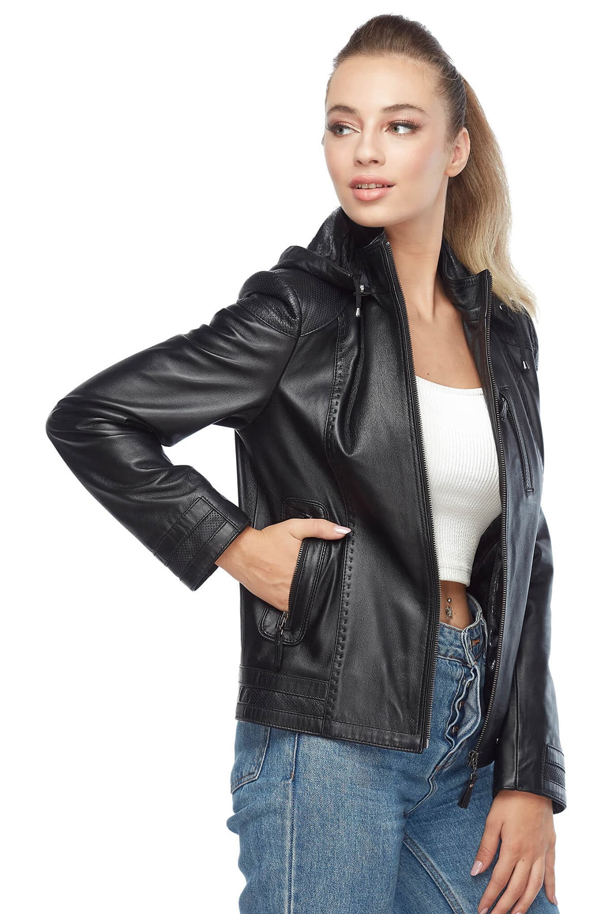 Women's 100 % Real Black Leather Arden Hooded Jacket