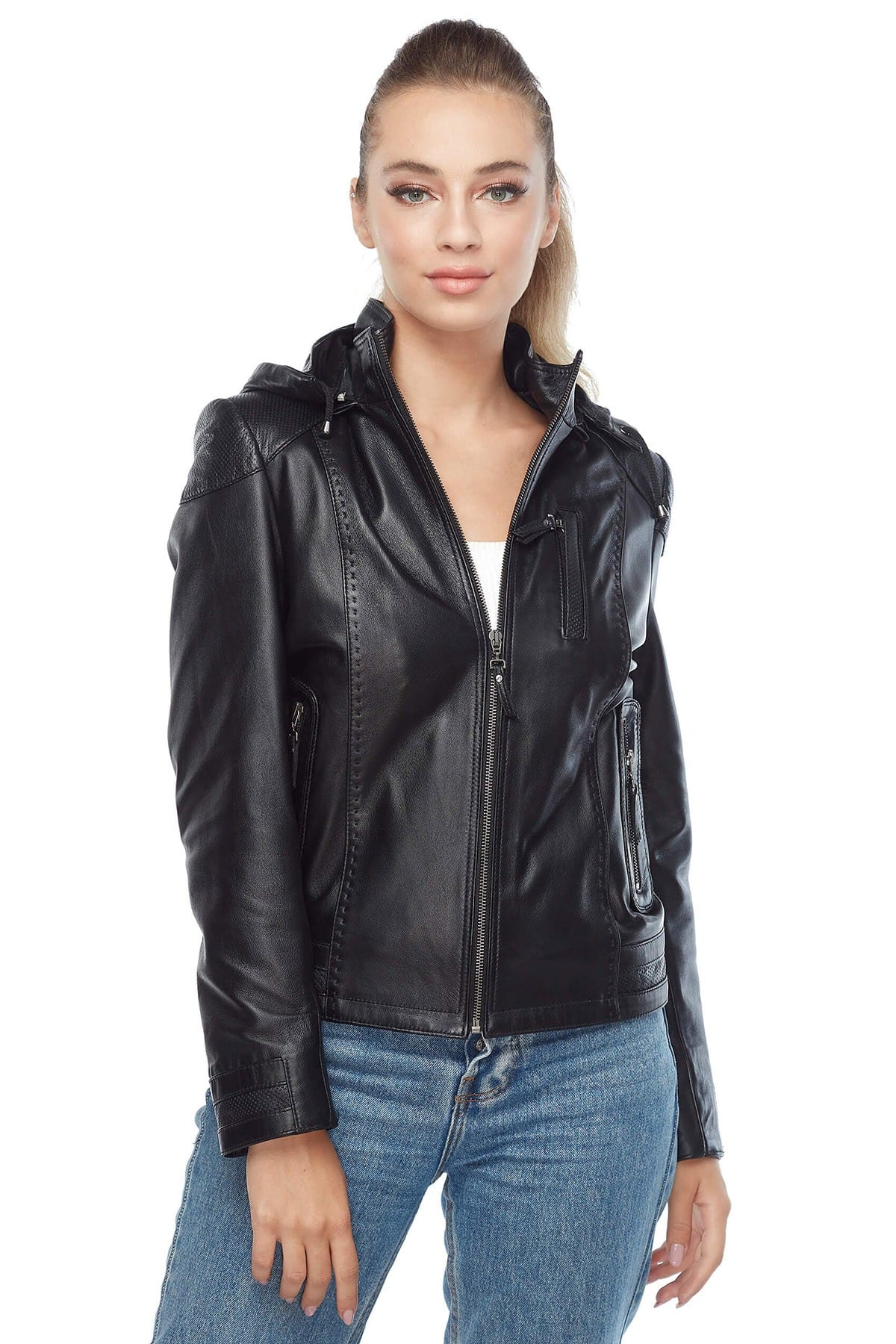 Women's 100 % Real Black Leather Arden Hooded Jacket