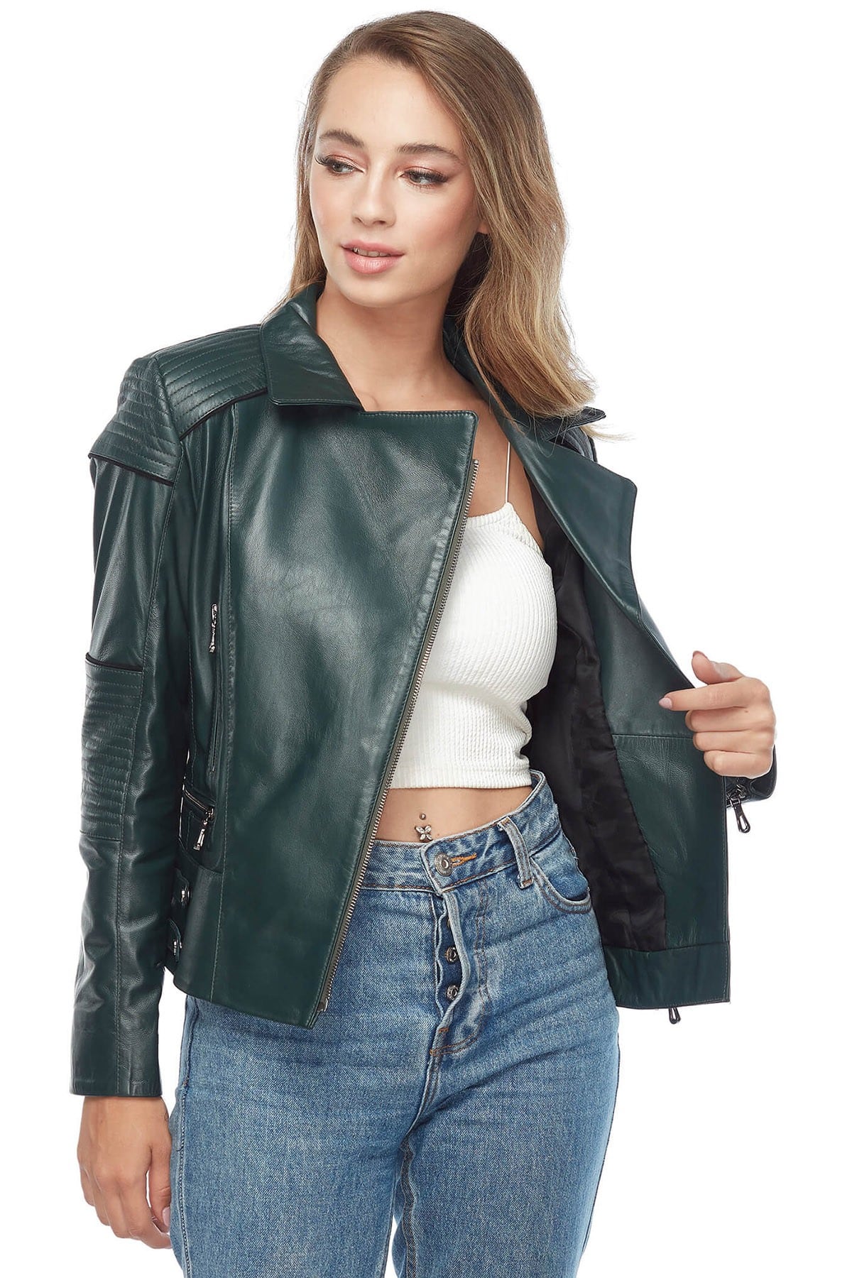 Ava Genuine Womens Green Leather Biker Jacket Side