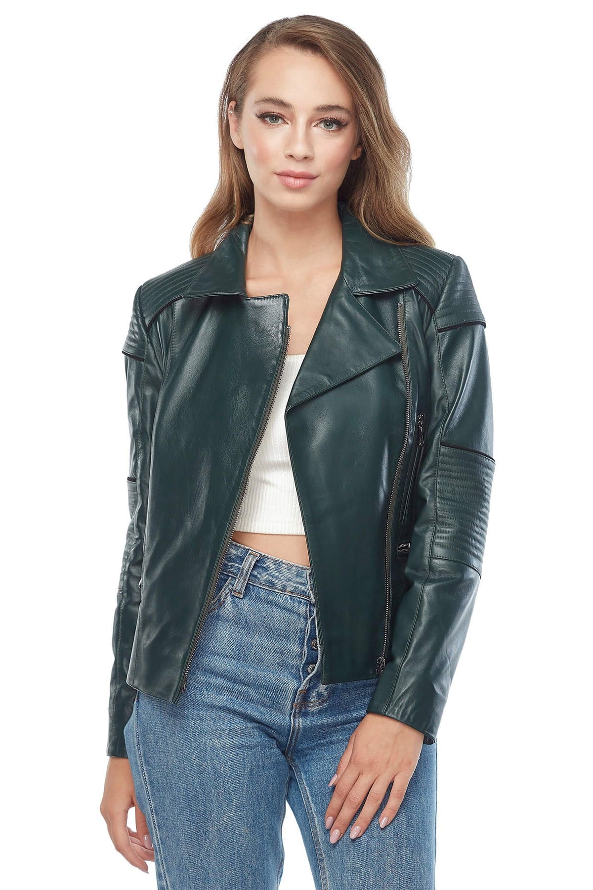 Ava Genuine Womens Green Leather Biker Jacket2
