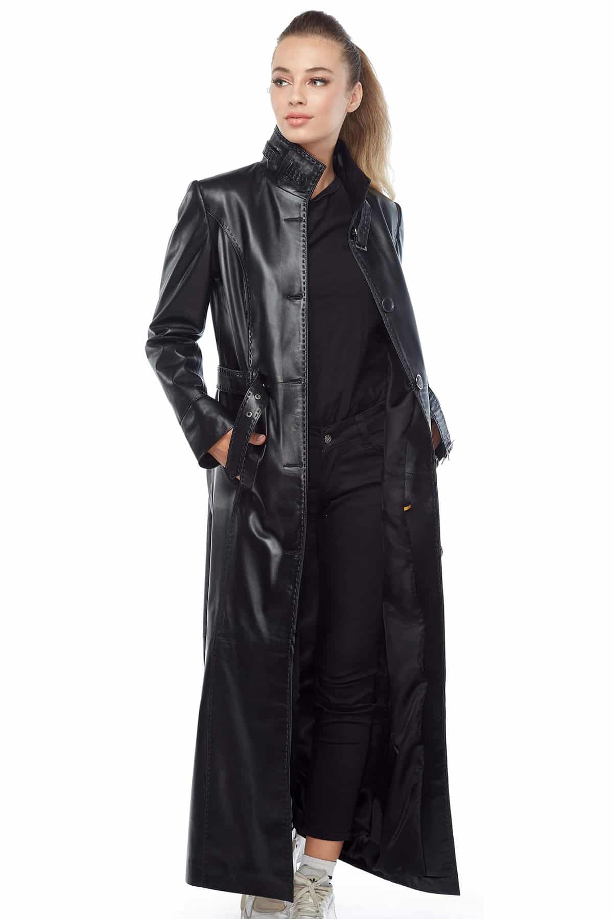 Blake Leather Black Trench Coat Women Side