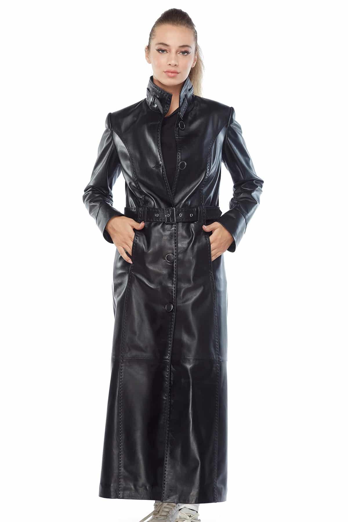 Extra Long Leather Coat for Womens in Black