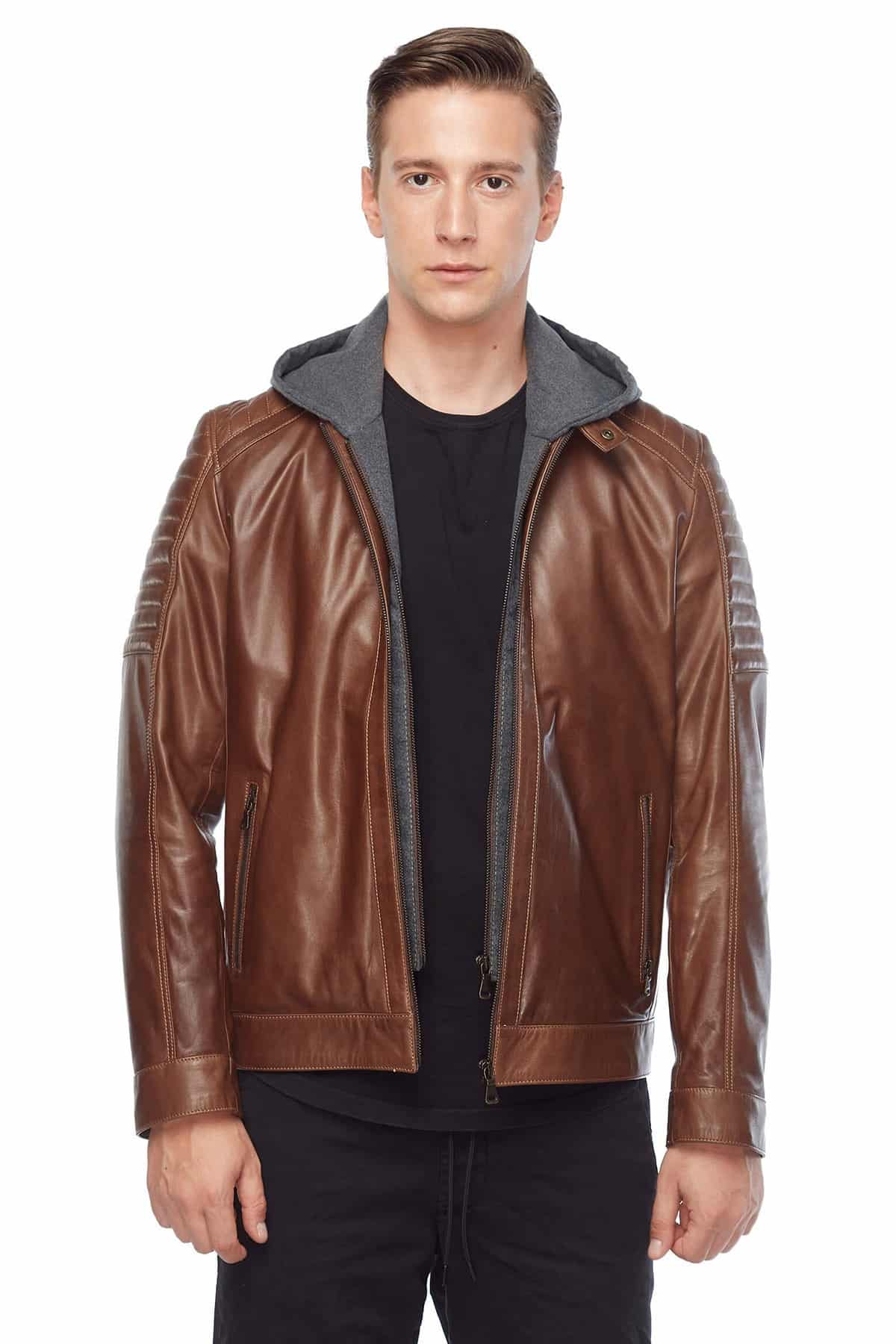 Cameron Brown Hooded Men's Leather Jacket