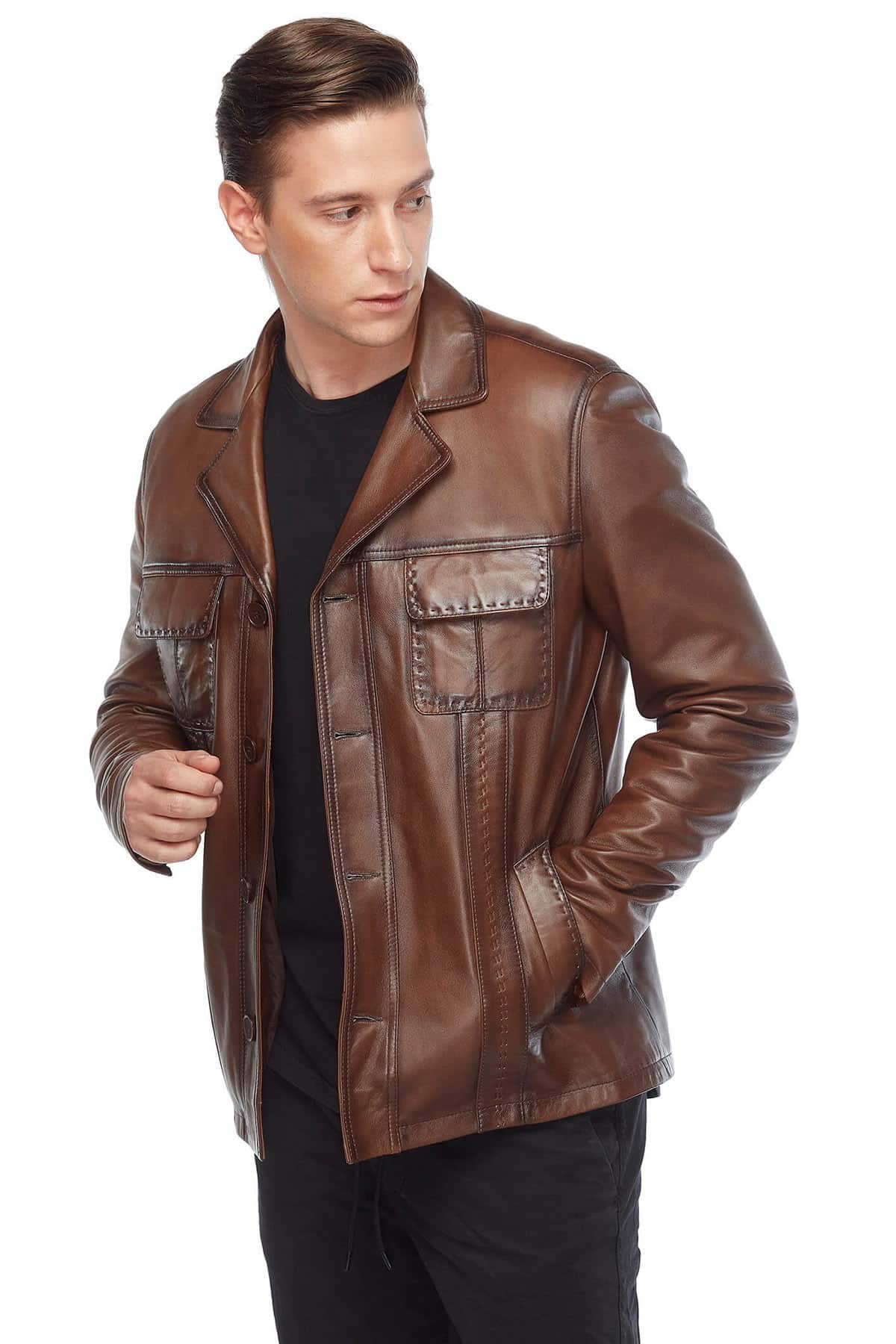Charley Speed Men’s Leather Coat Brown Pose