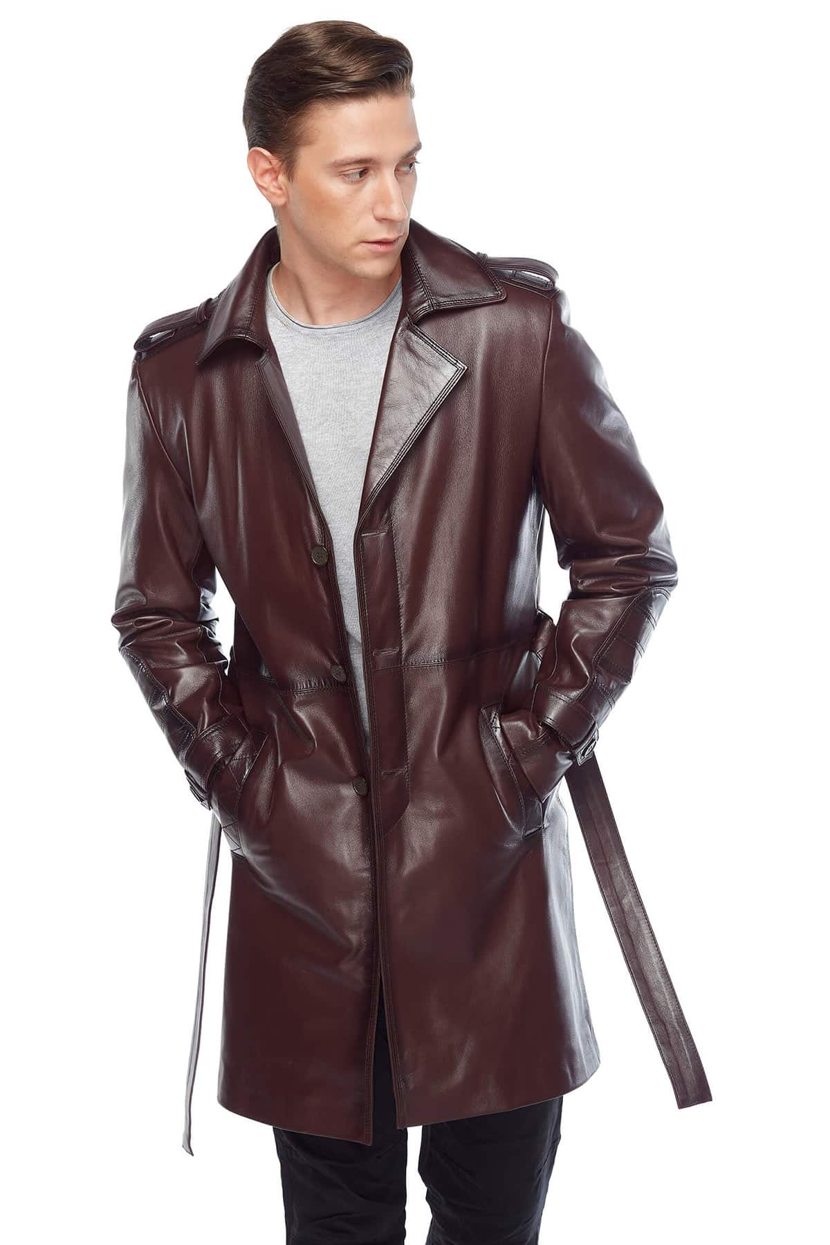 Charlie Genuine Men's 100 % Real Maroon Leather Topcoat