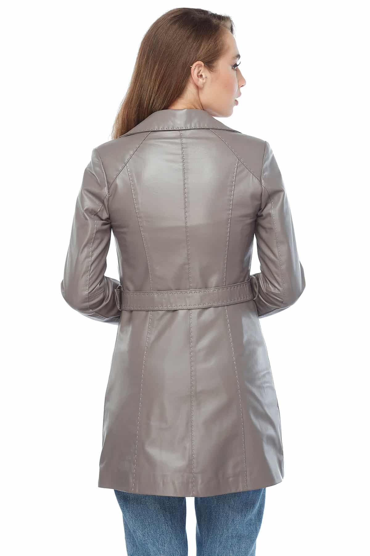 Cherry Genuine Leather Long Coat Taupe Back