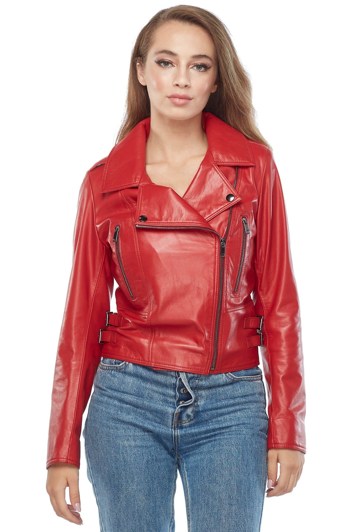 Chloe Ayling Women's 100 % Real Red Leather Moto Jacket