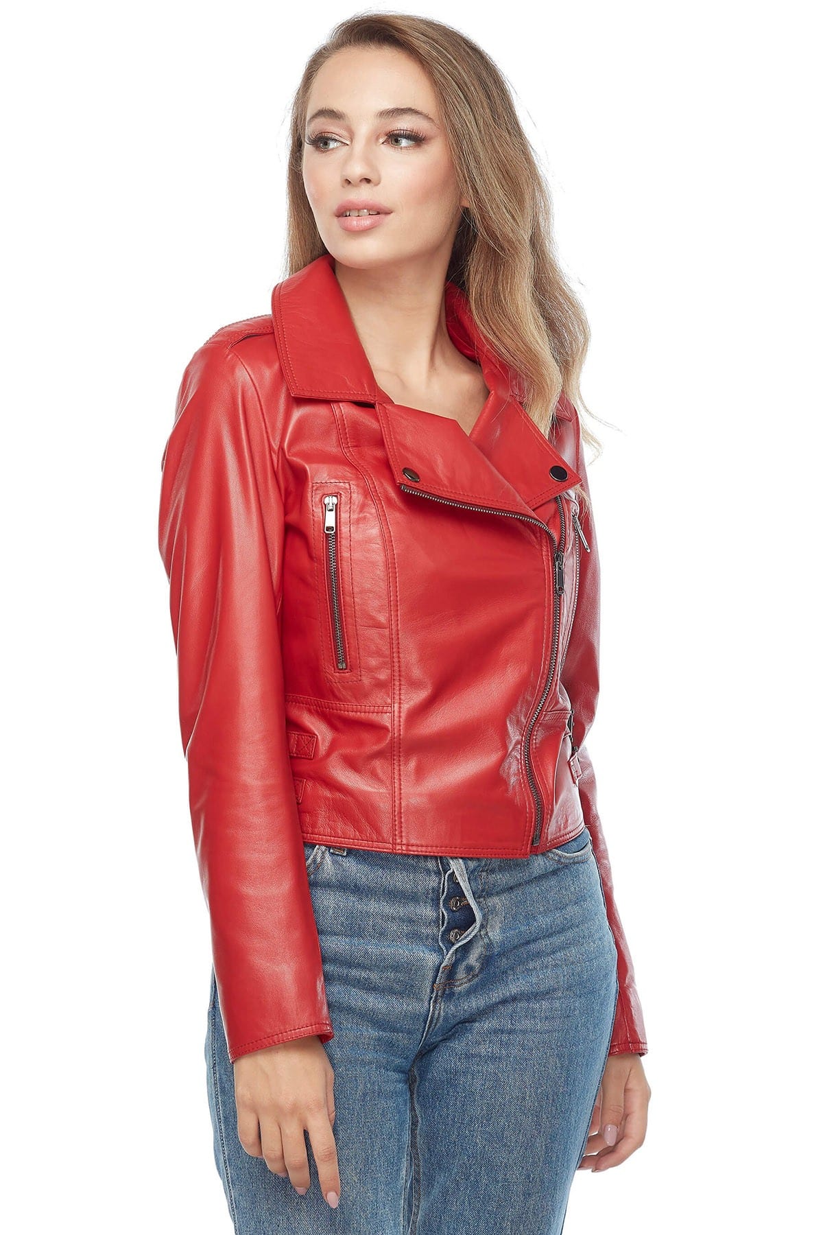 Chloe Ayling Genuine Leather Moto Jacket Red3