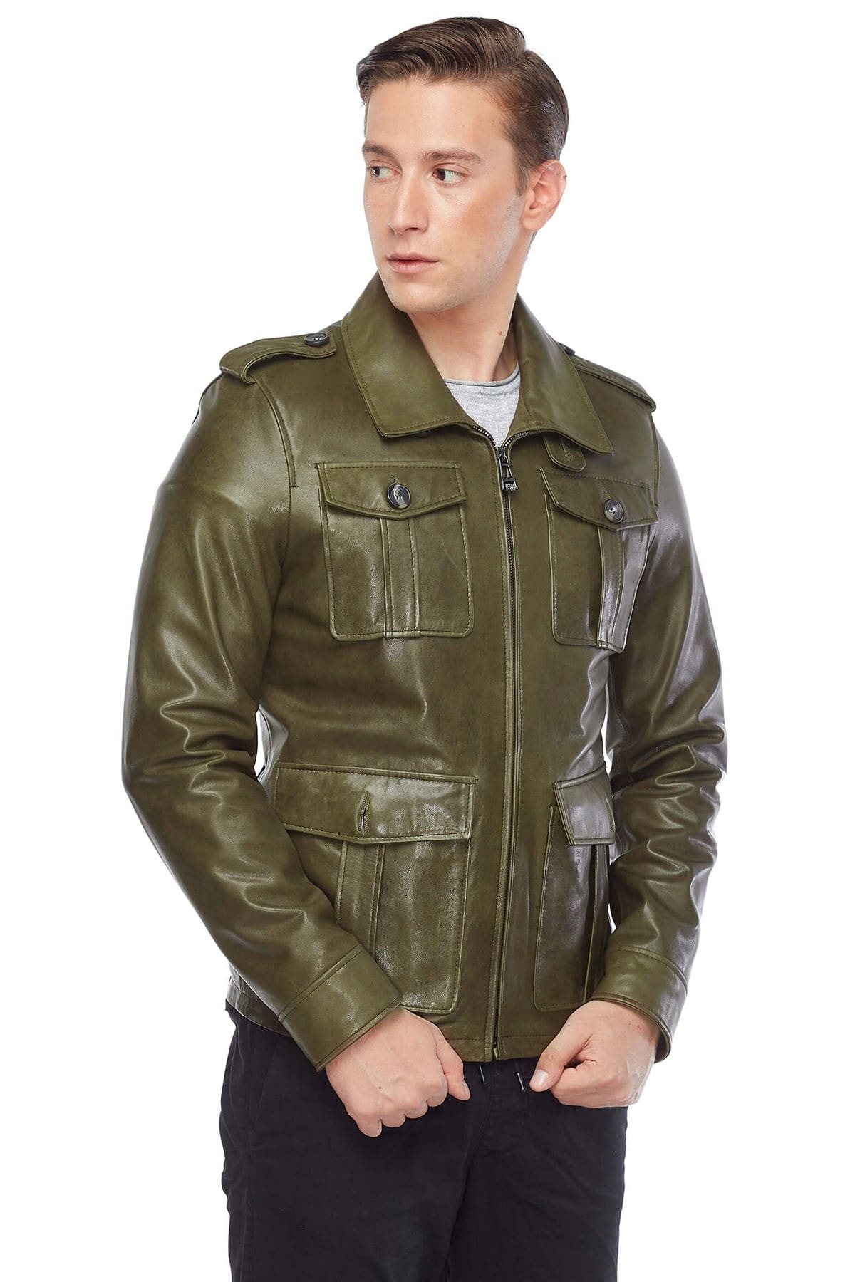 Christopher Bramell Genuine Leather Jacket Green Side