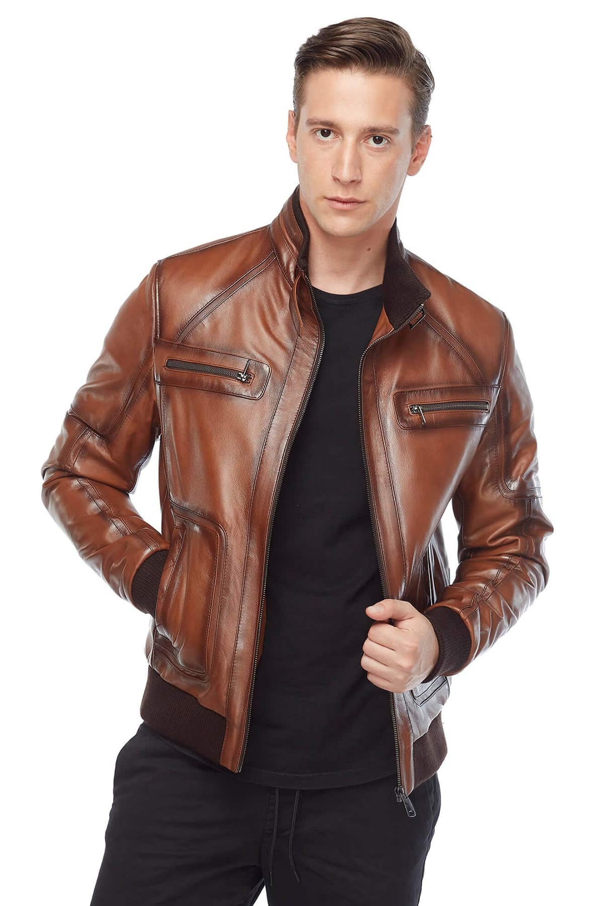 Dan Waxed Brown Leather Bomber Jacket Mens for Sale