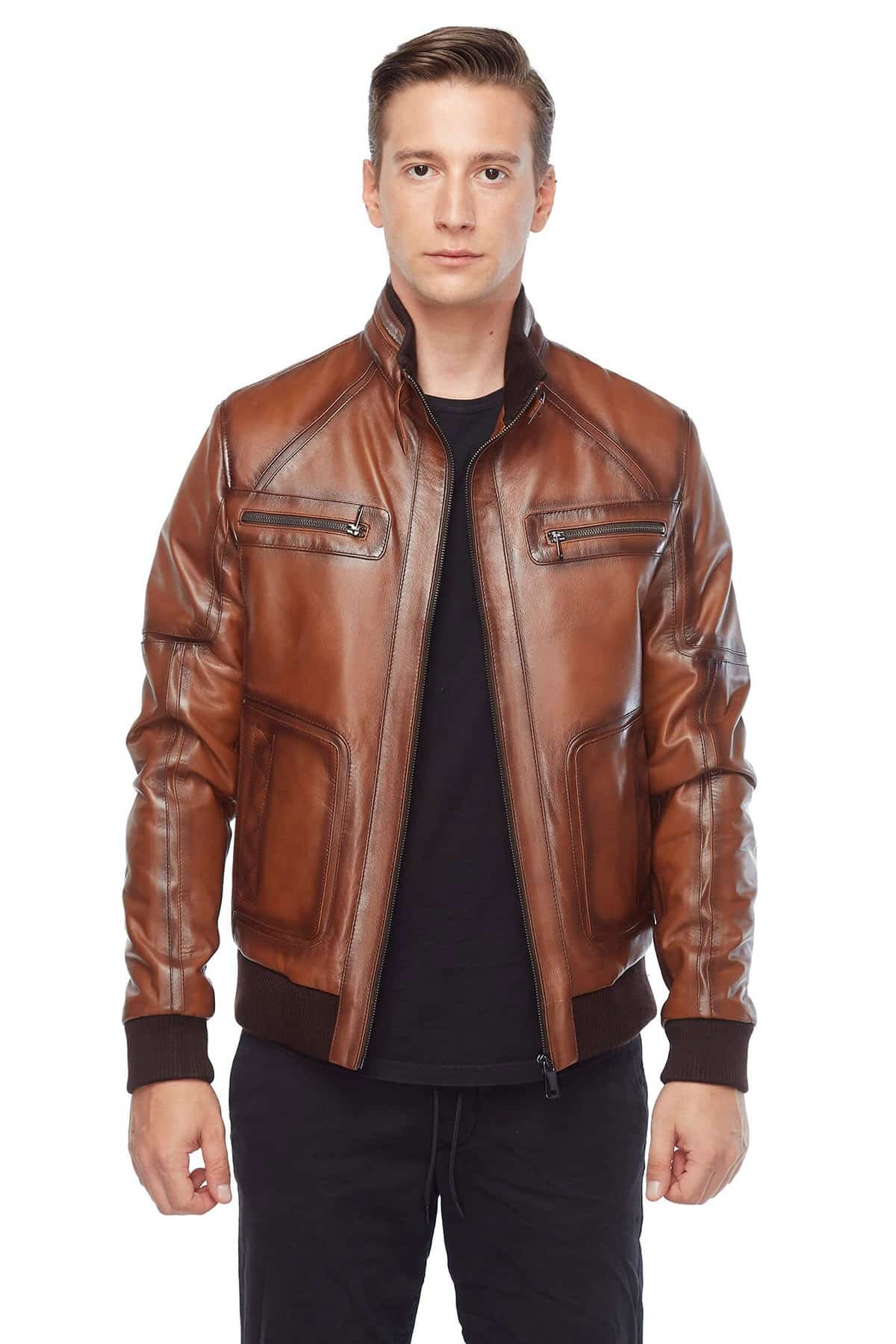 Dan Waxed Brown Leather Bomber Jacket