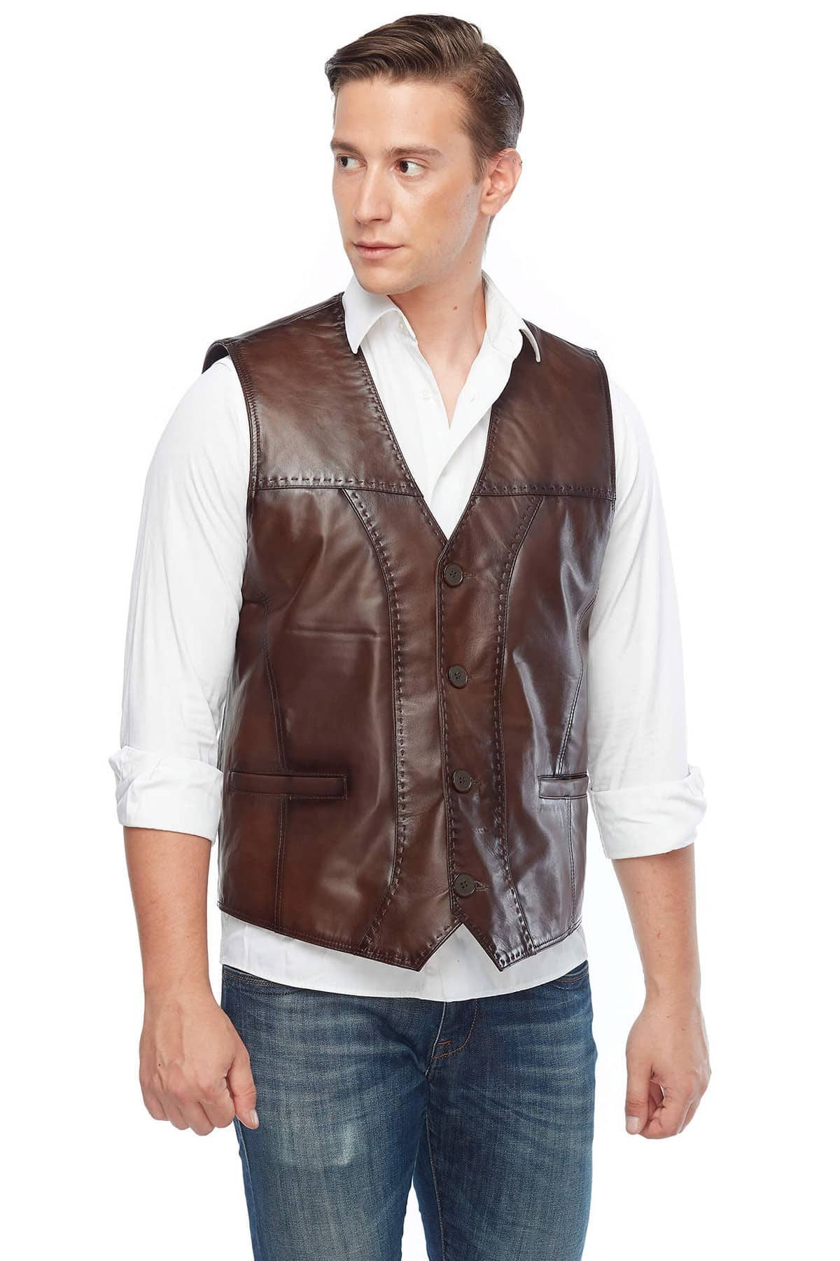 David Gandy Men's 100% Real Brown Leather Vest