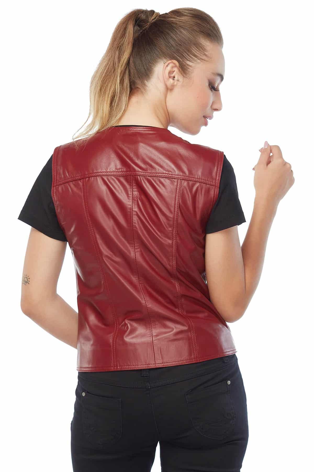 Emily Genuine Red Leather Vest Womens Back