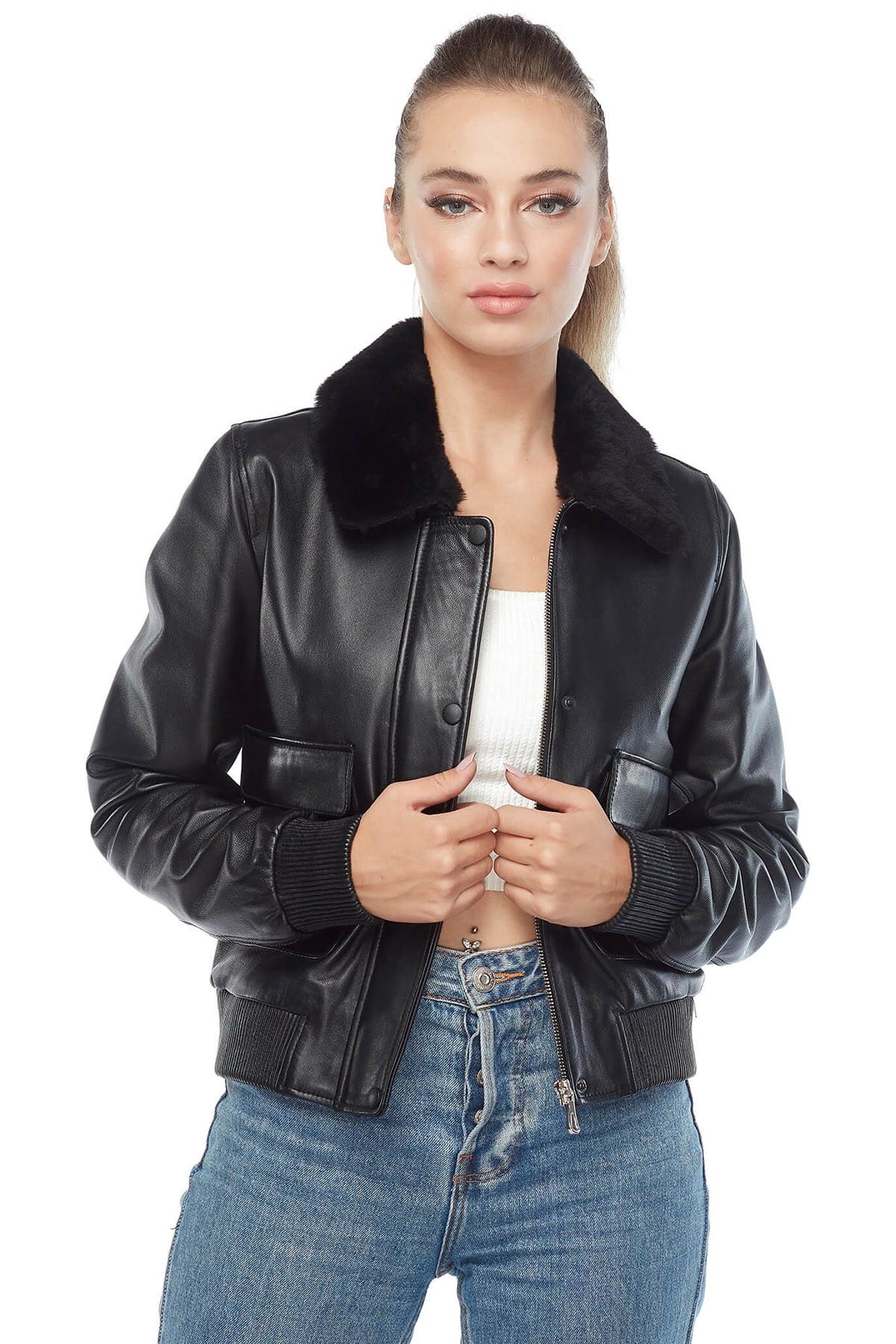 Emma Genuine Leather Bomb Jacket Black Pose