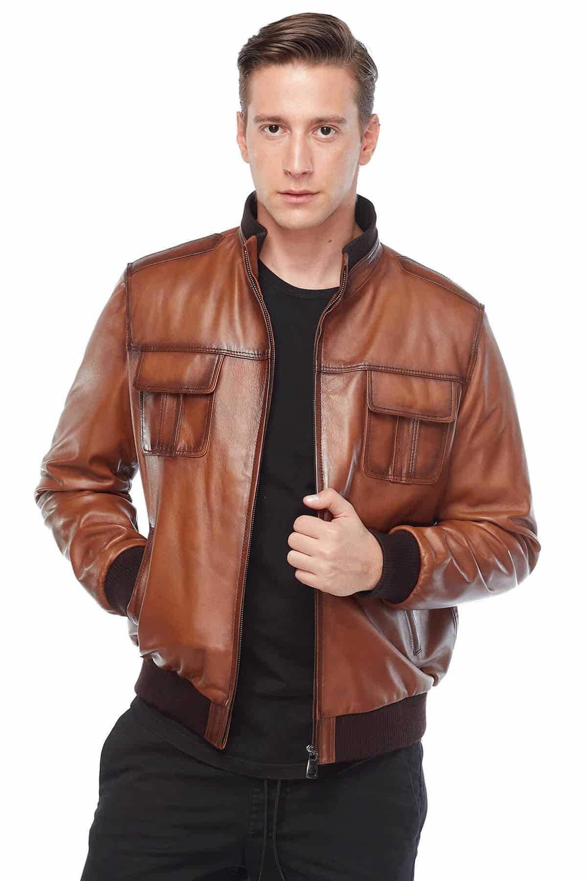 Fiennes Tiffin Men's 100 % Real Distressed Brown Leather Bomber Jacket