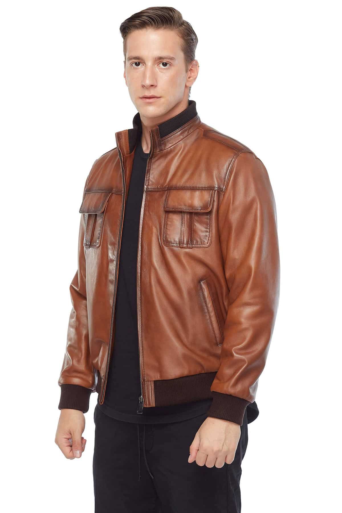 Fiennes Tiffin Men's 100 % Real Distressed Brown Leather Bomber Jacket