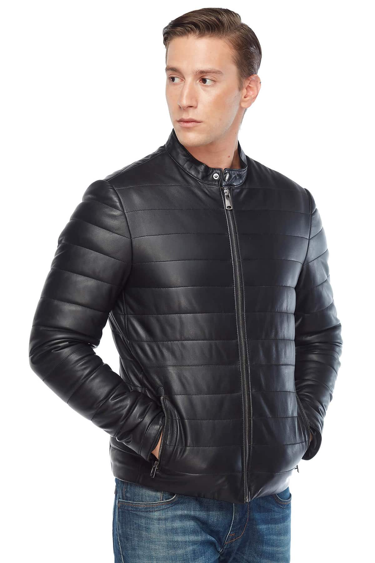 Men's 100 % Real Black Leather Puffer Jacket