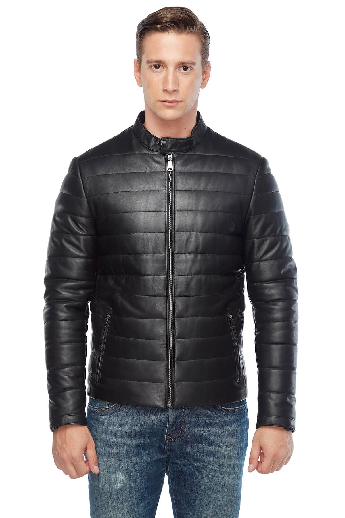 Ford Men's 100 % Real Black Leather Puffer Jacket