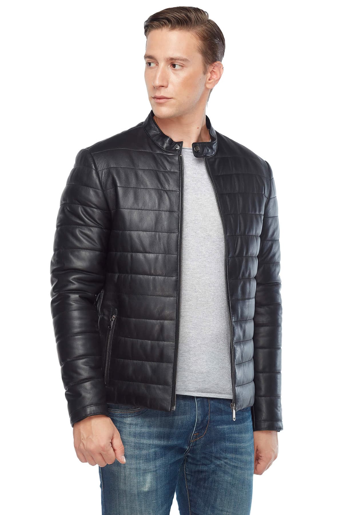 Urban Fashion Studio Genuine Black Leather Men's Puffer Jacket