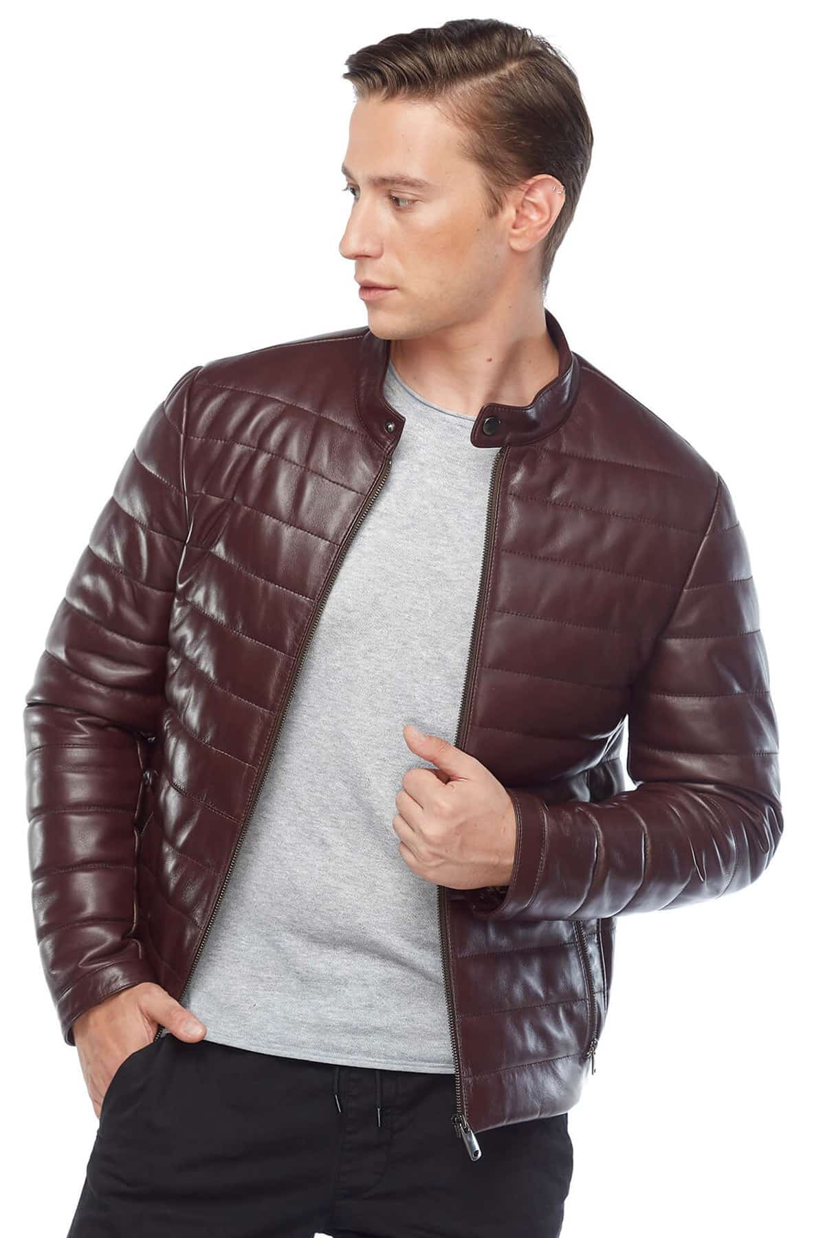 Genuine Maroon Leather Men’s Puffer Coat Pose