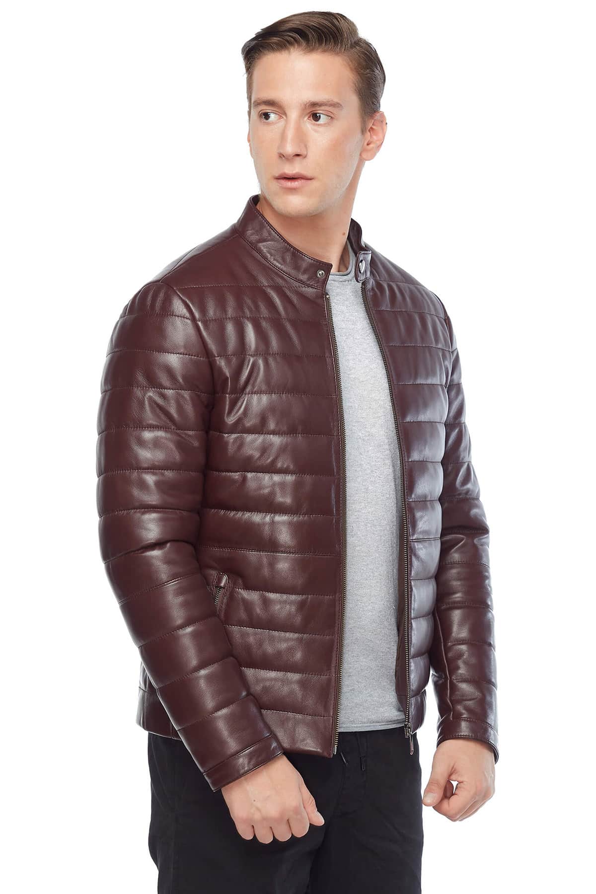 Genuine Maroon Leather Men’s Puffer Coat Side