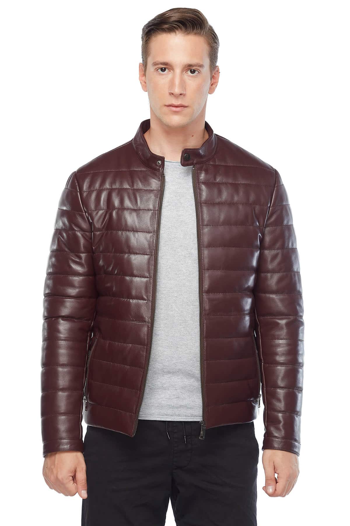 Men's 100 % Real Maroon Leather Puffer Jacket