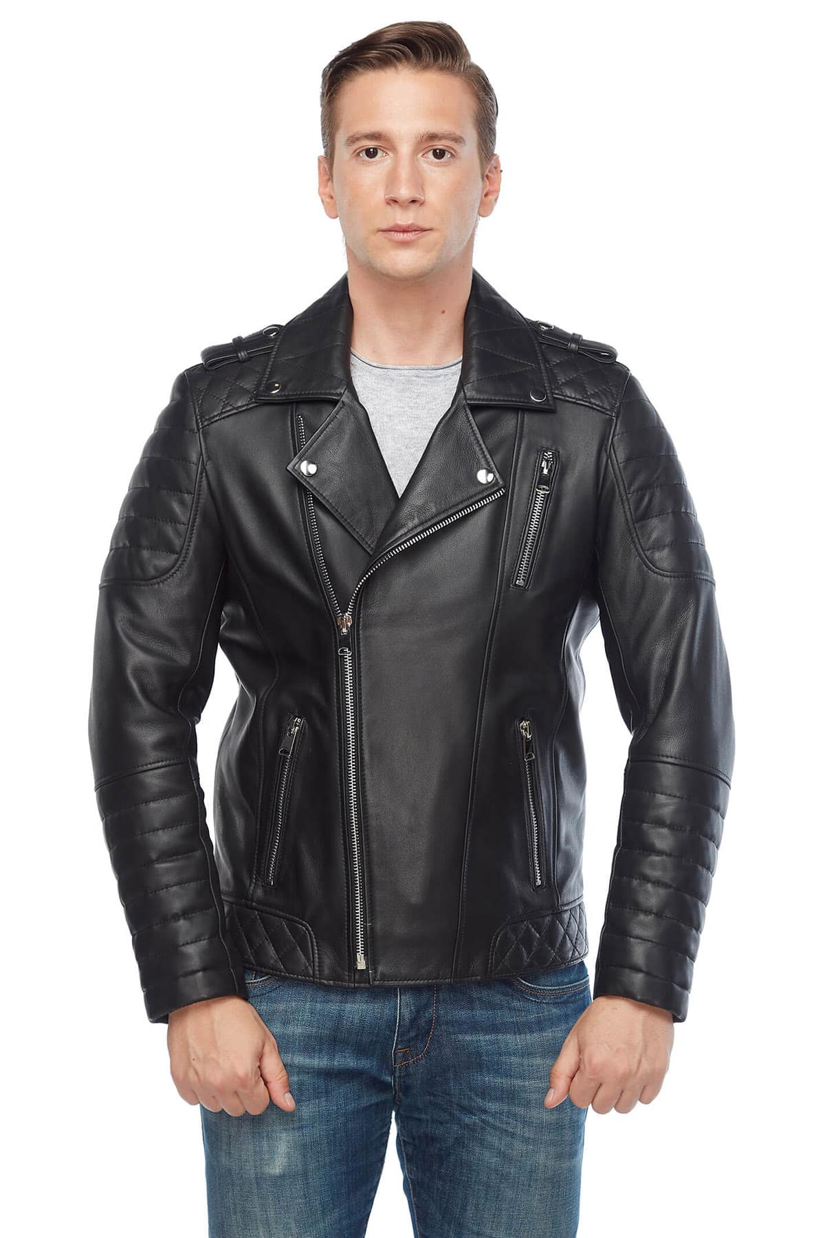 George Barnett Men's 100 % Real Black Leather Biker Jacket