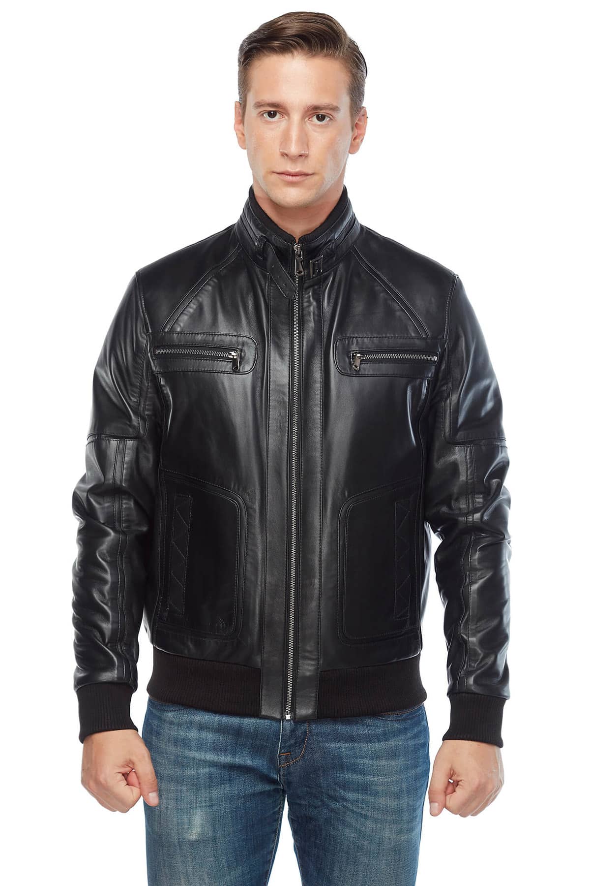 George Craig Black Mens Leather Bomber Jacket for Sale