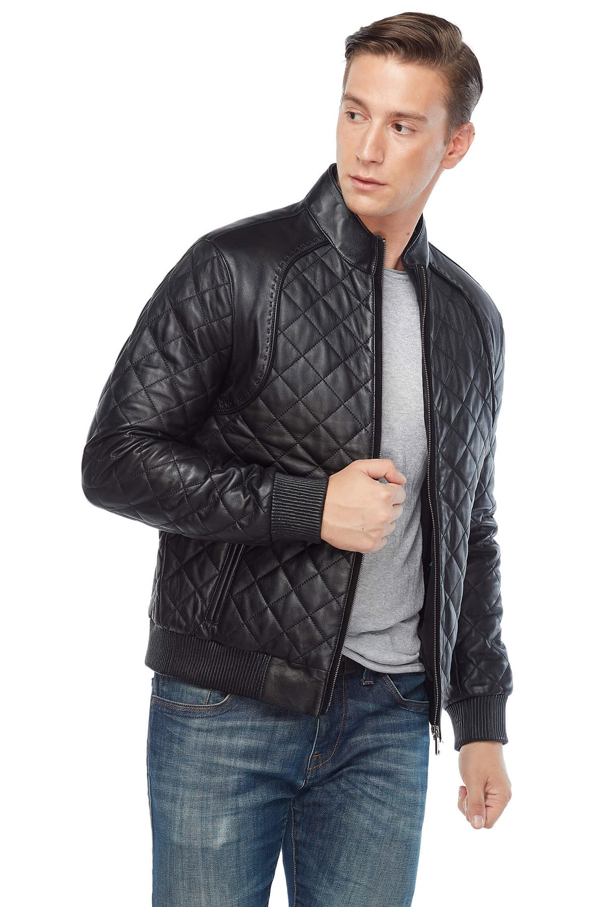 Hugh Dancy Men's 100 % Real Black Leather Quilted Bomber Jacket