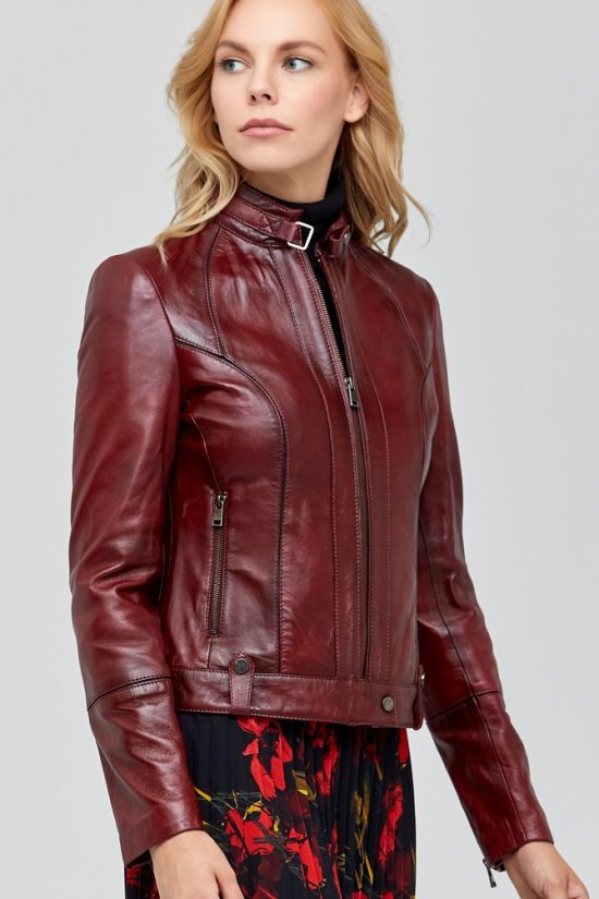 Dahlia Waxed Maroon Leather Jacket -Free Shipping USA Canada