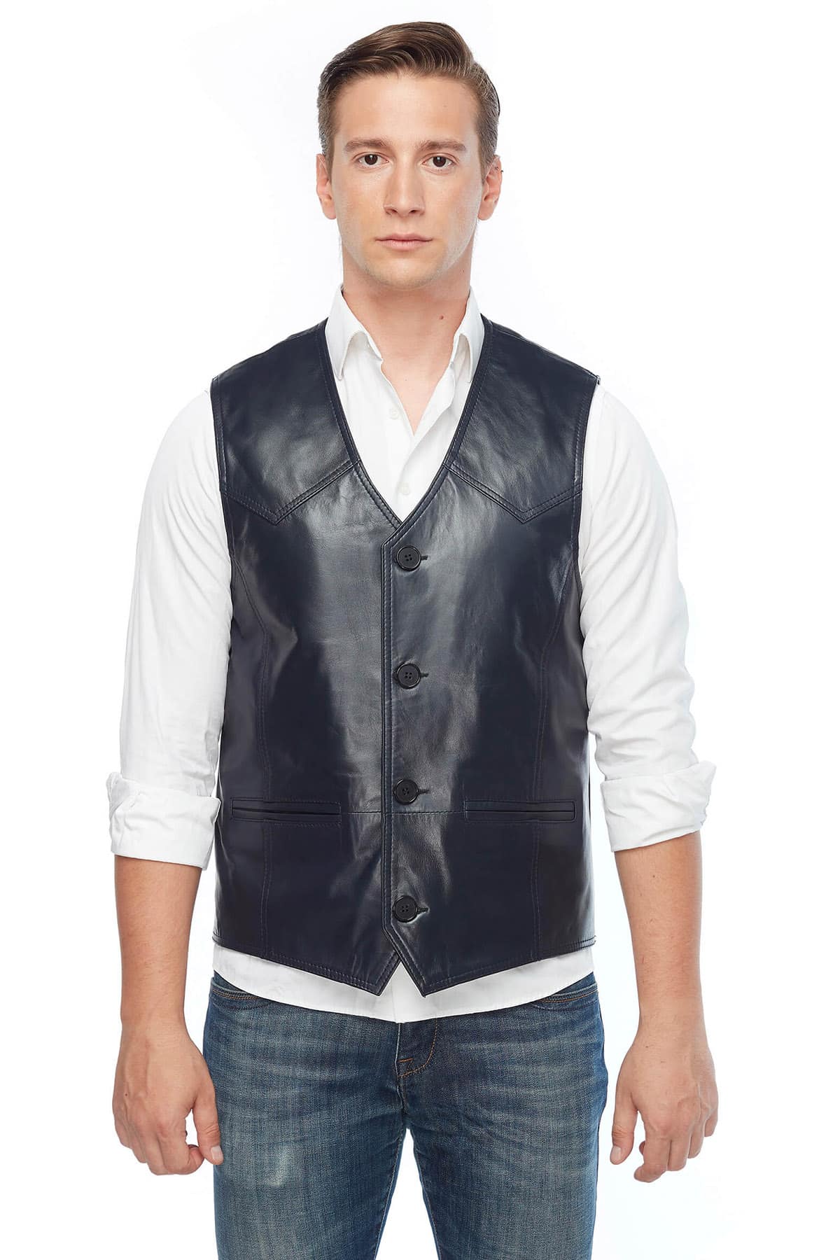 Jack Guinness Men's 100 % Real Navy-Blue Leather Vest